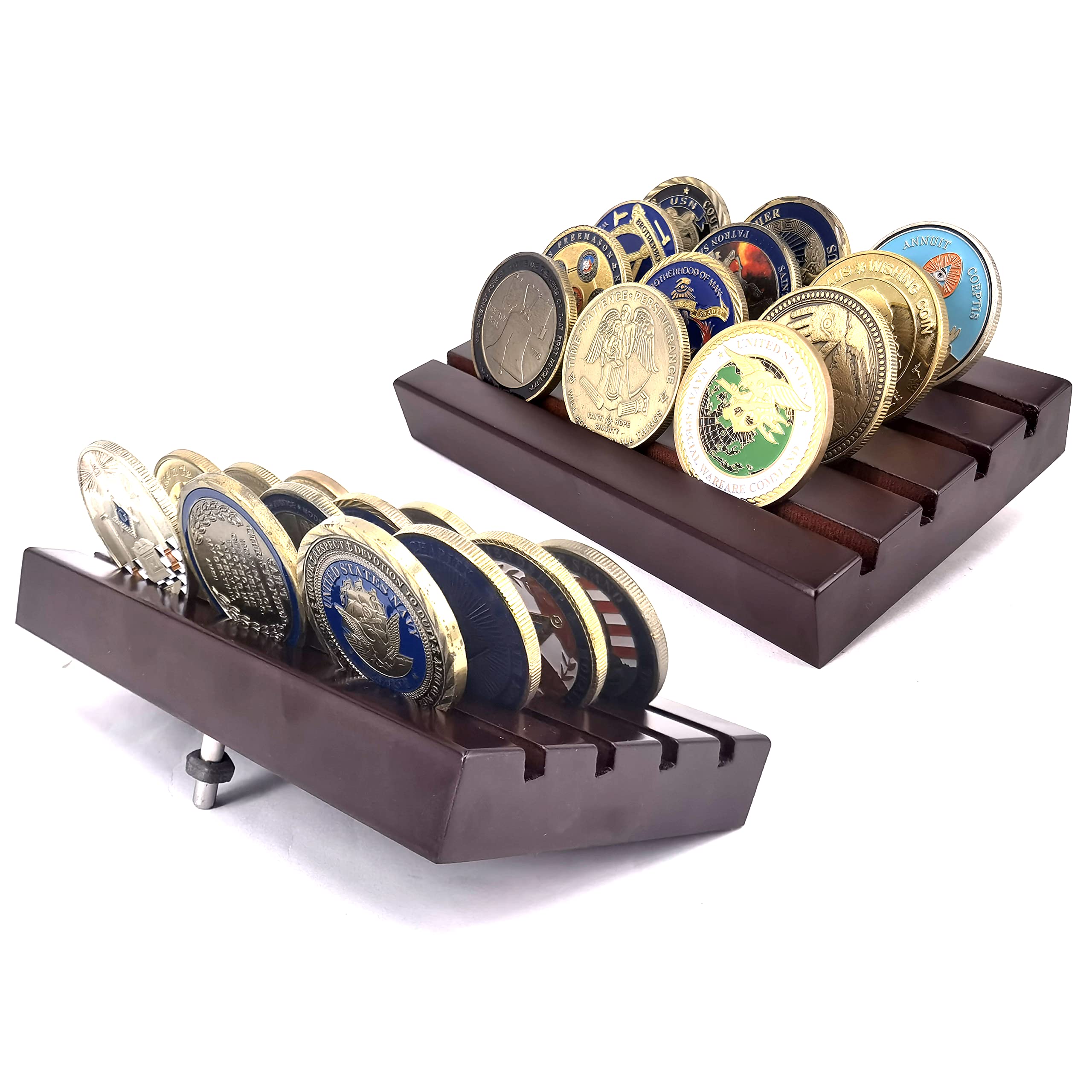 Aomcisi 4 Rows Coin Holder, Military Collectible Challenge Coin Display Case Wood Stand