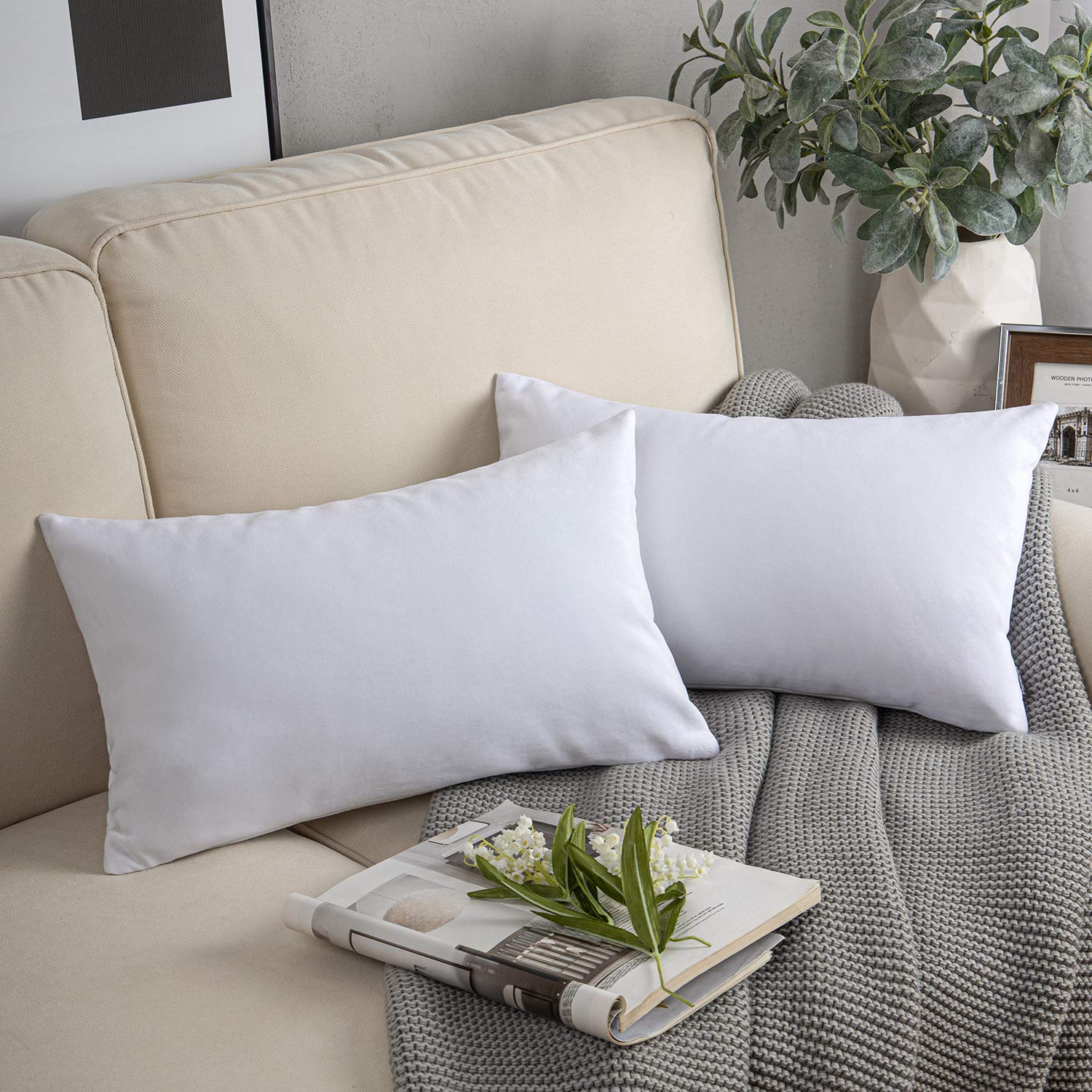 Phantoscope Pack Of 2 Velvet Decorative Throw Decorative Pillow Cover Soft Solid Square Cushion Case For Couch White 12 X 20 Inc