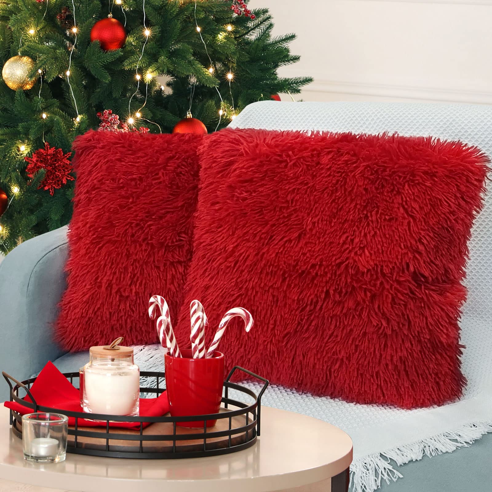 Bbiggood Red Throw Pillow Cover, Pack Of 2 Luxury Soft Faux Fur Red Pillows Decorative Throw Pillows, Red Throw Pillows As Red R
