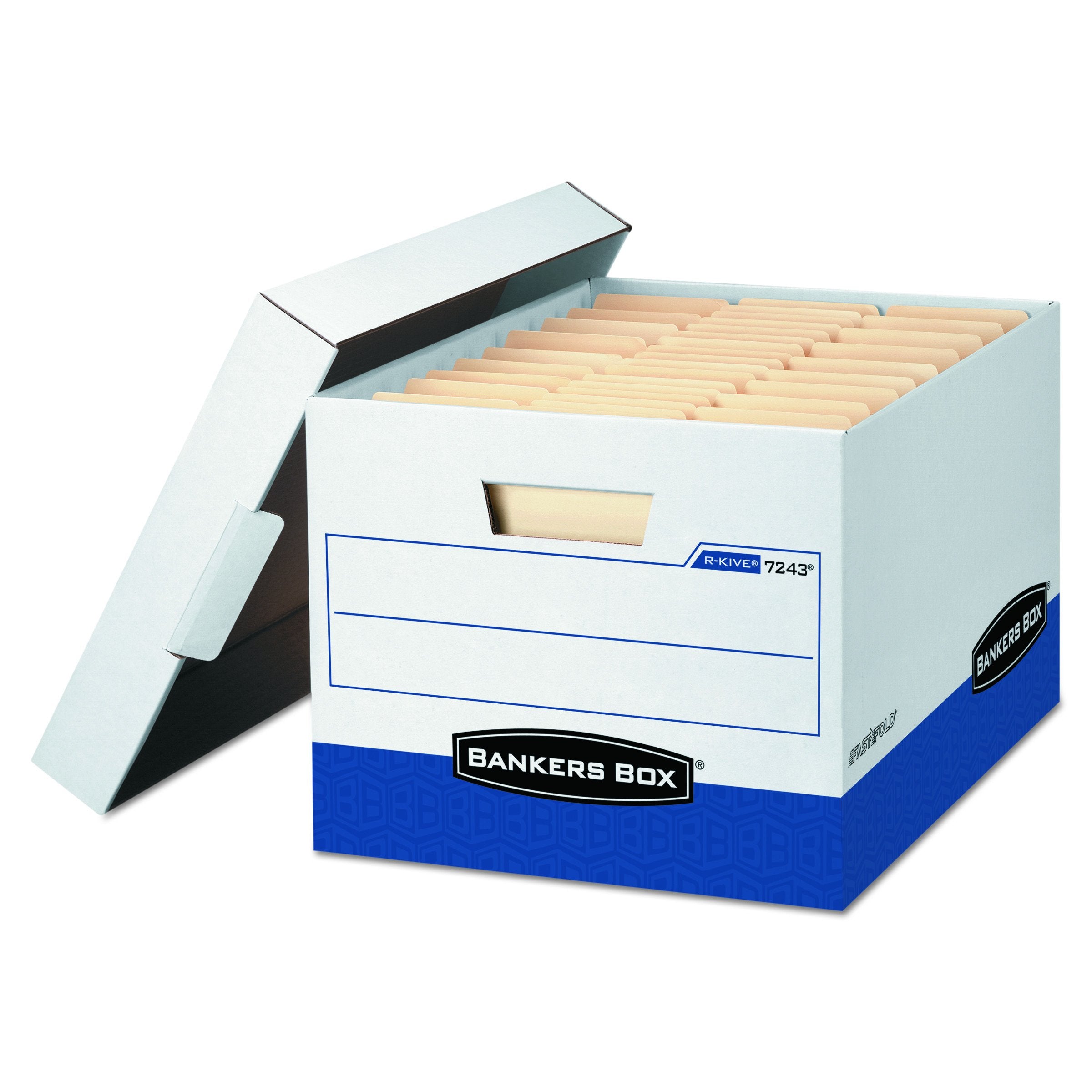 Bankers Box R-Kive Heavy-Duty Storage Boxes, Letter/Legal Files, 12.75' X 16.5' X 10.38', White/Blue, 4/Carton