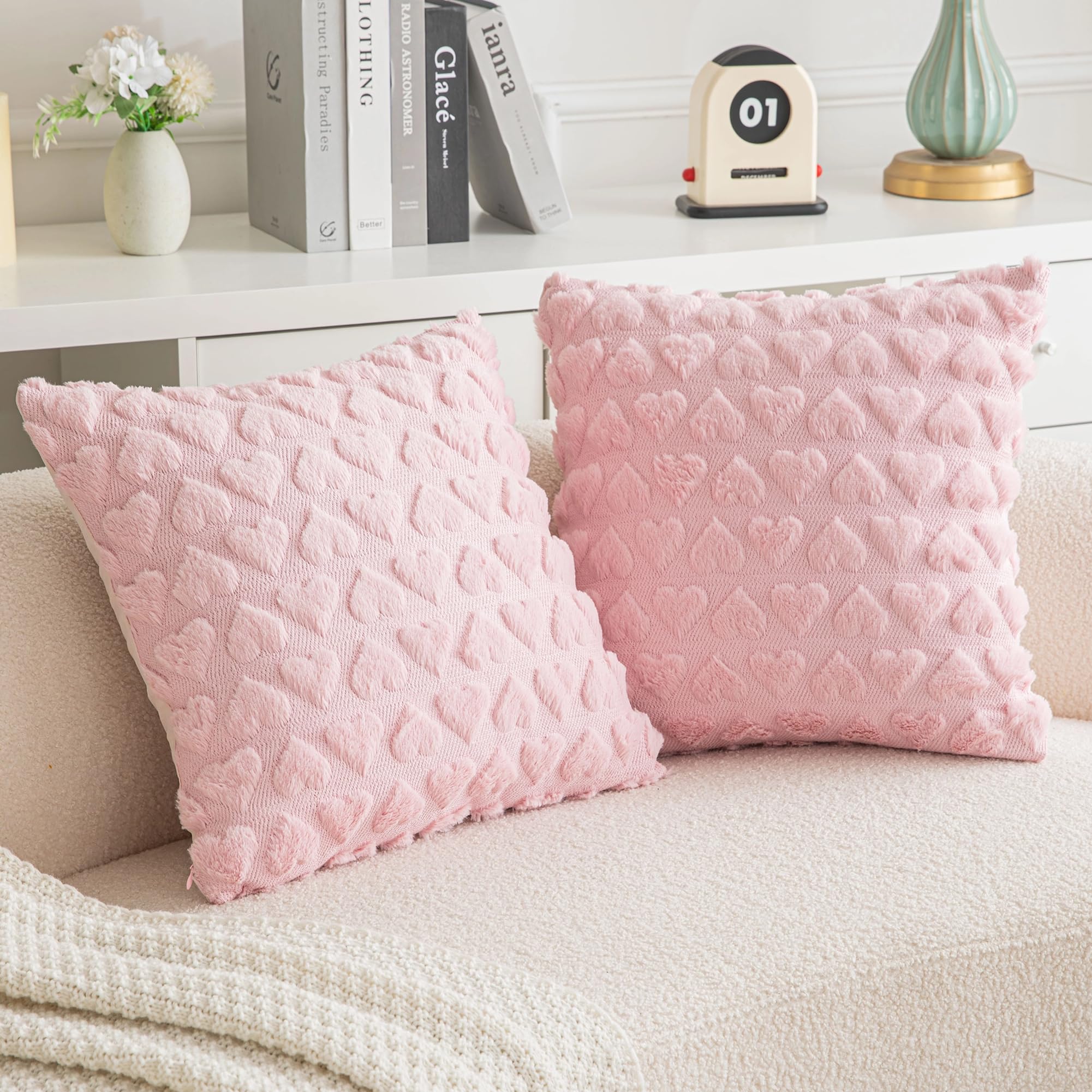 Aqothes Set Of 2 Heart Love Cute Pink Decorative Valentines Throw Pillow Covers 20X20, Soft Plush Faux Fur Wool Pillow Covers Fo
