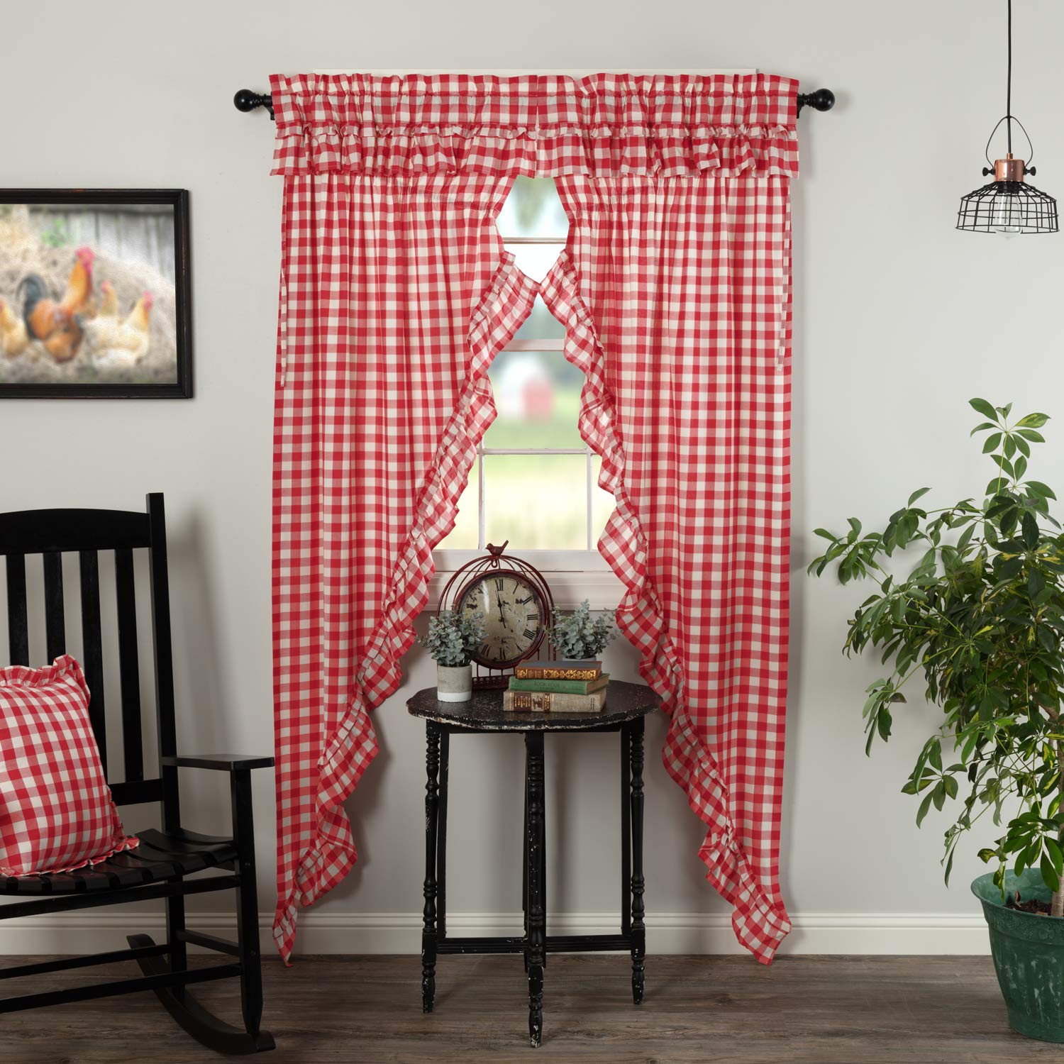 Vhc Brands Annie Buffalo Check Cotton Farmhouse Curtains Rod Pocket Drawstring Ties Ruffling Prairie Panel Pair, Red Country