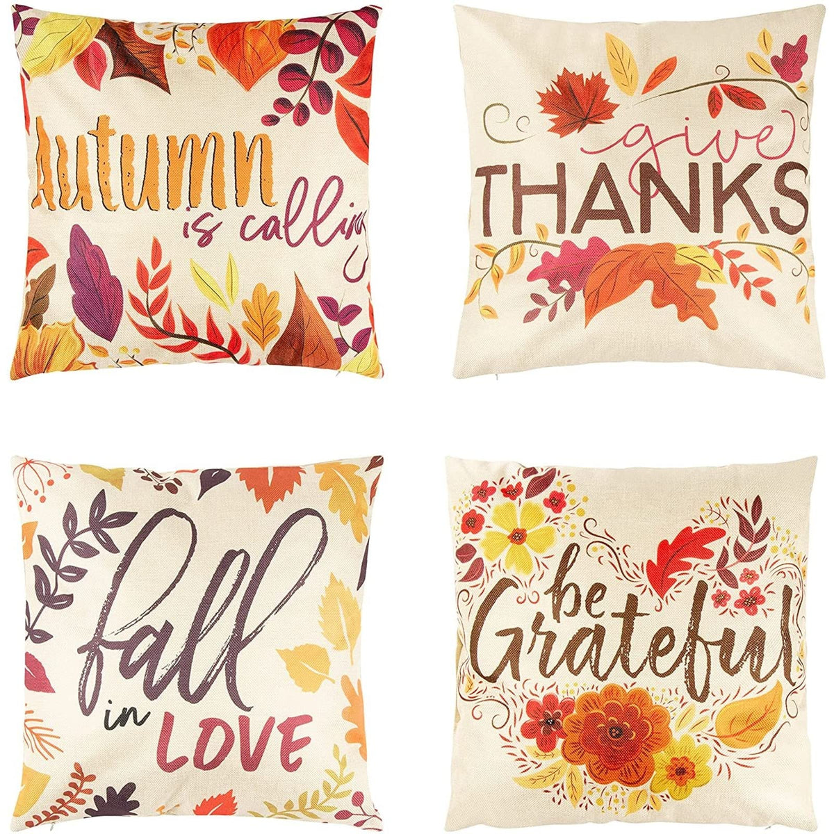 Juvale Set Of 4 Thanksgiving Throw Pillow Covers With Seasonal Fall Quotes, 4 Autumn Designs (17 X 17 In)