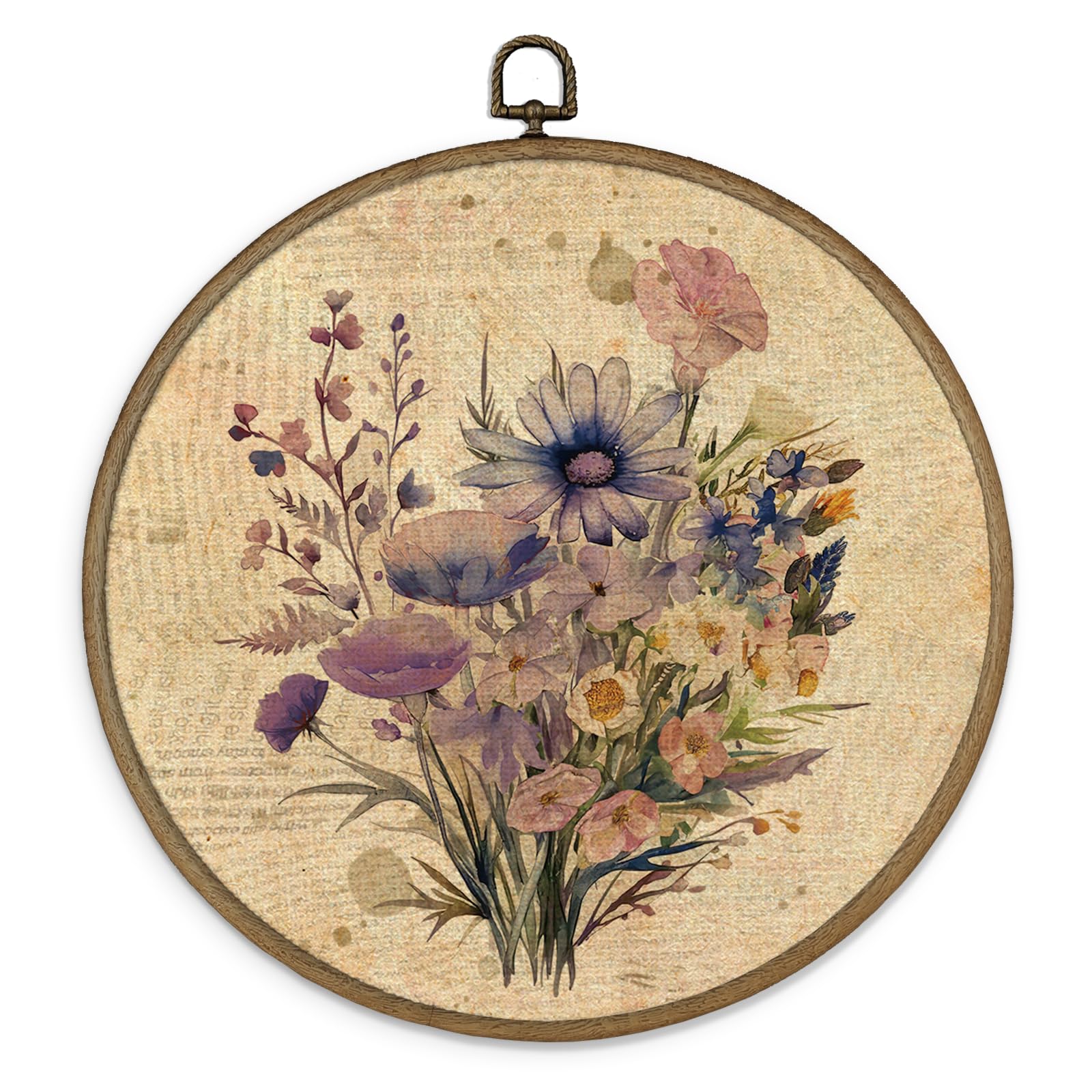 MAQIKA Vintage Flower Framed Wall Art Decor, Wildflower Wall Art, Farmhouse Botanical Round Wall Hanging Decor, Boho Purple Flor