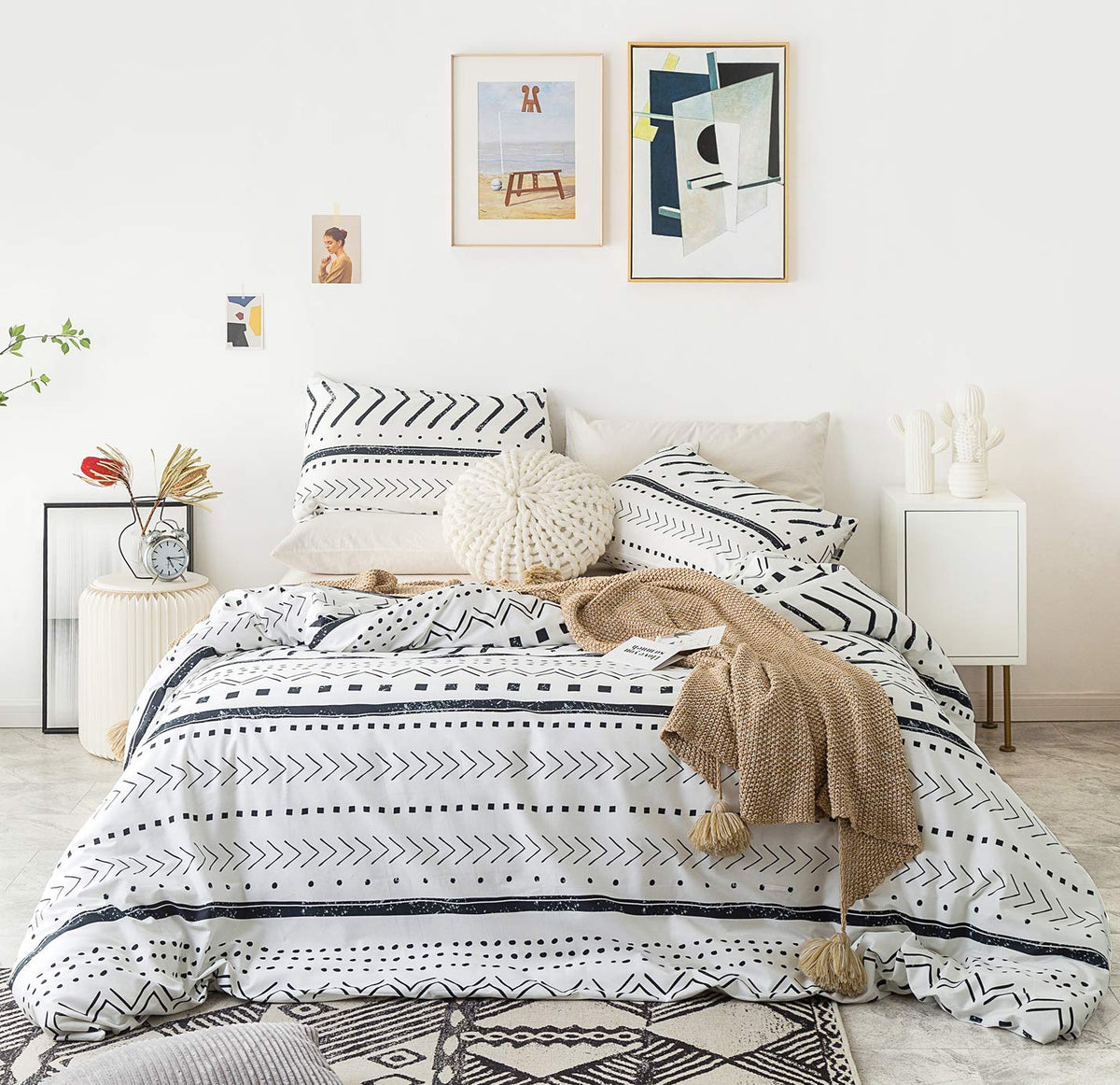 Yuheguoji Black White Aztec Duvet Cover King 100% Cotton Vintage Boho Duvet Cover 3 Pcs Set 1 Neutral Tribal Bohemian Duvet Cove