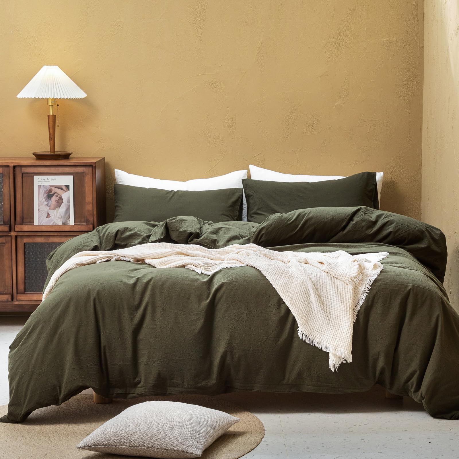 Fossa Duvet Cover Set 100% Washed Cotton Linen Feel Super Soft Breathable Cozy Simple Style 3 Pieces Bedding Sets Solid Olive Gr