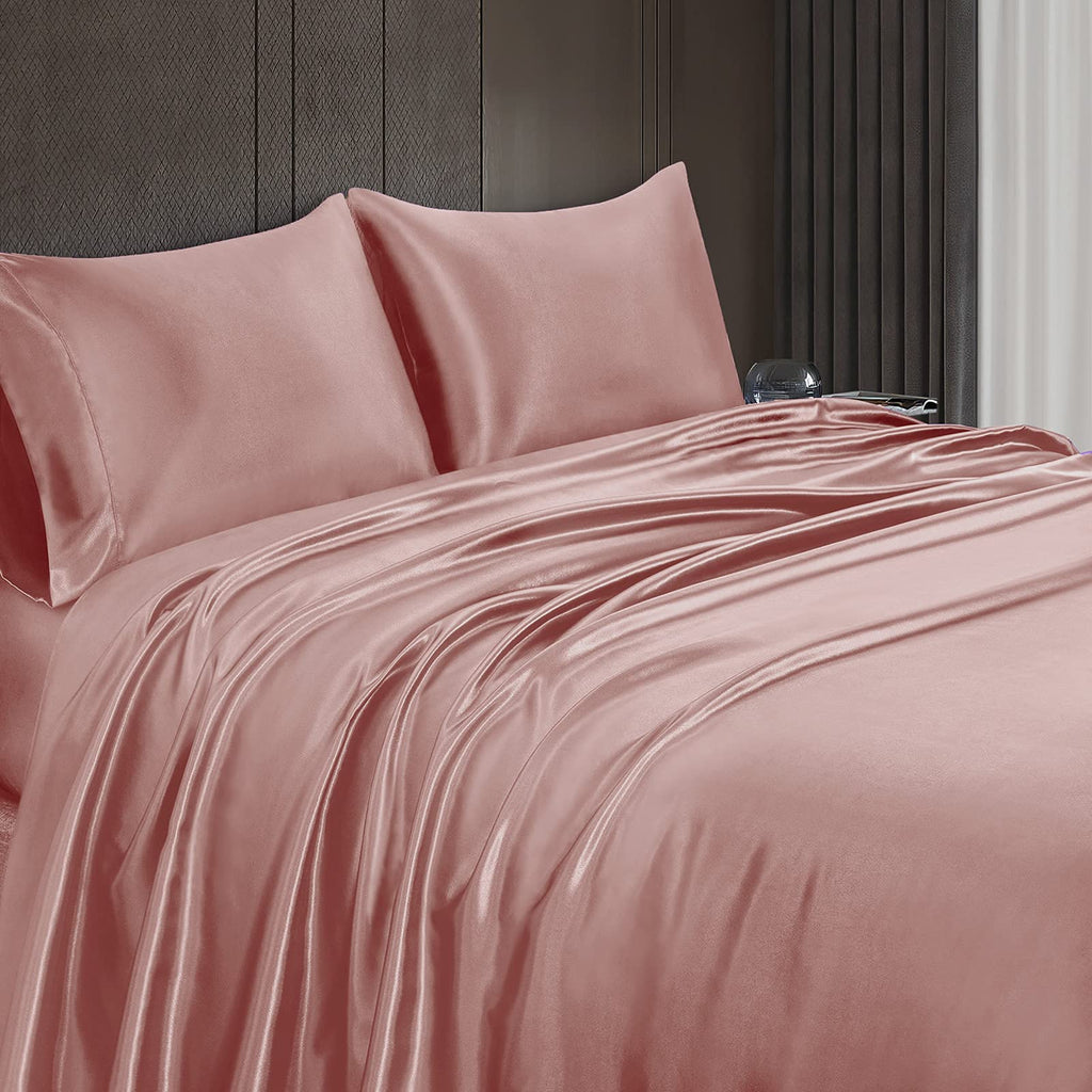 Homiest 4Pcs Satin Sheets Set Luxury Silky Satin Bedding Set With Deep Pocket, 1 Fitted Sheet + 1 Flat Sheet + 2 Pillowcases (Queen Size, Rich Pink)