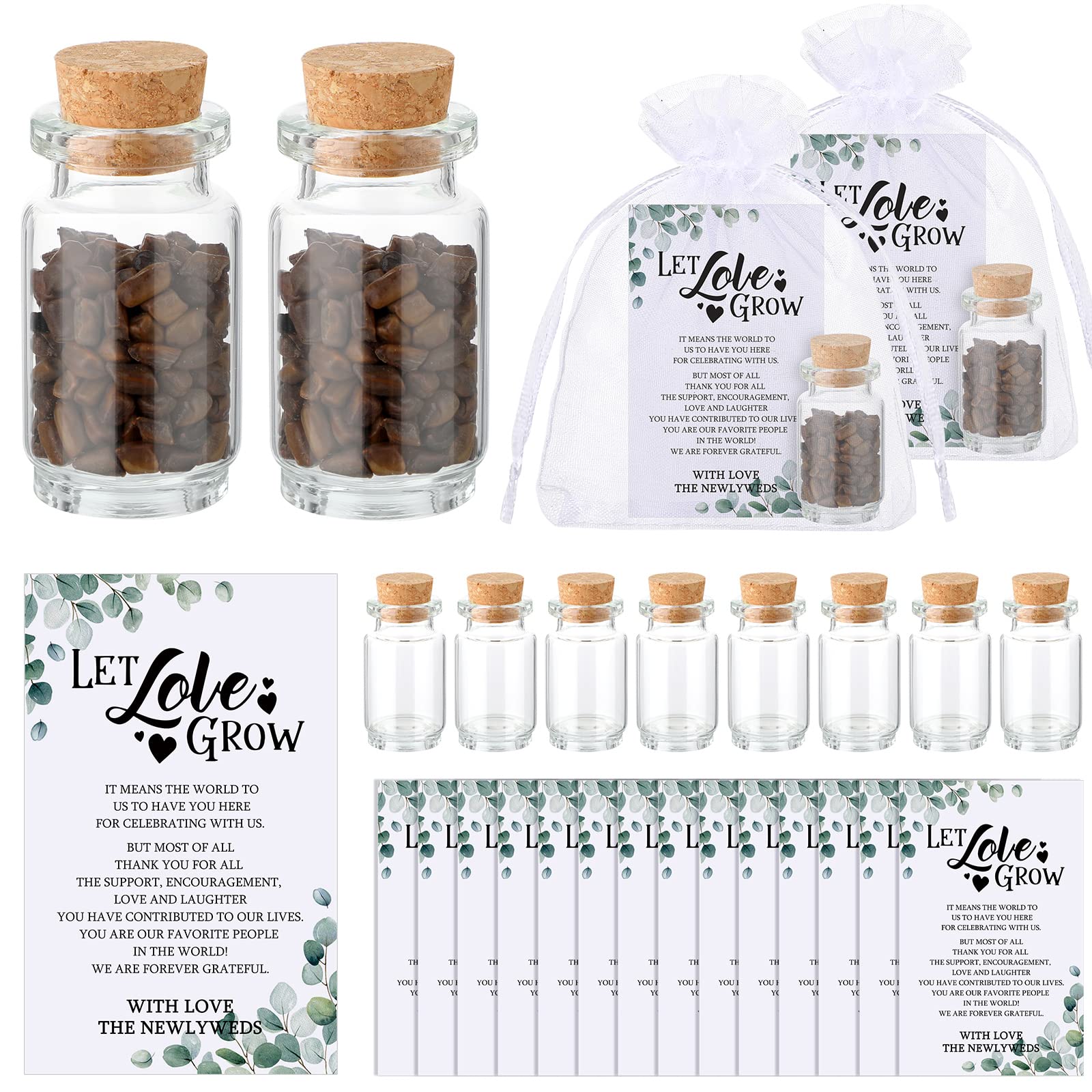 Jinei 100 Sets Wedding Favors for Guests 100 Small Glass Bottles Clear Vials with Cork Stopper 100 Wedding Let Love Grow Cards a
