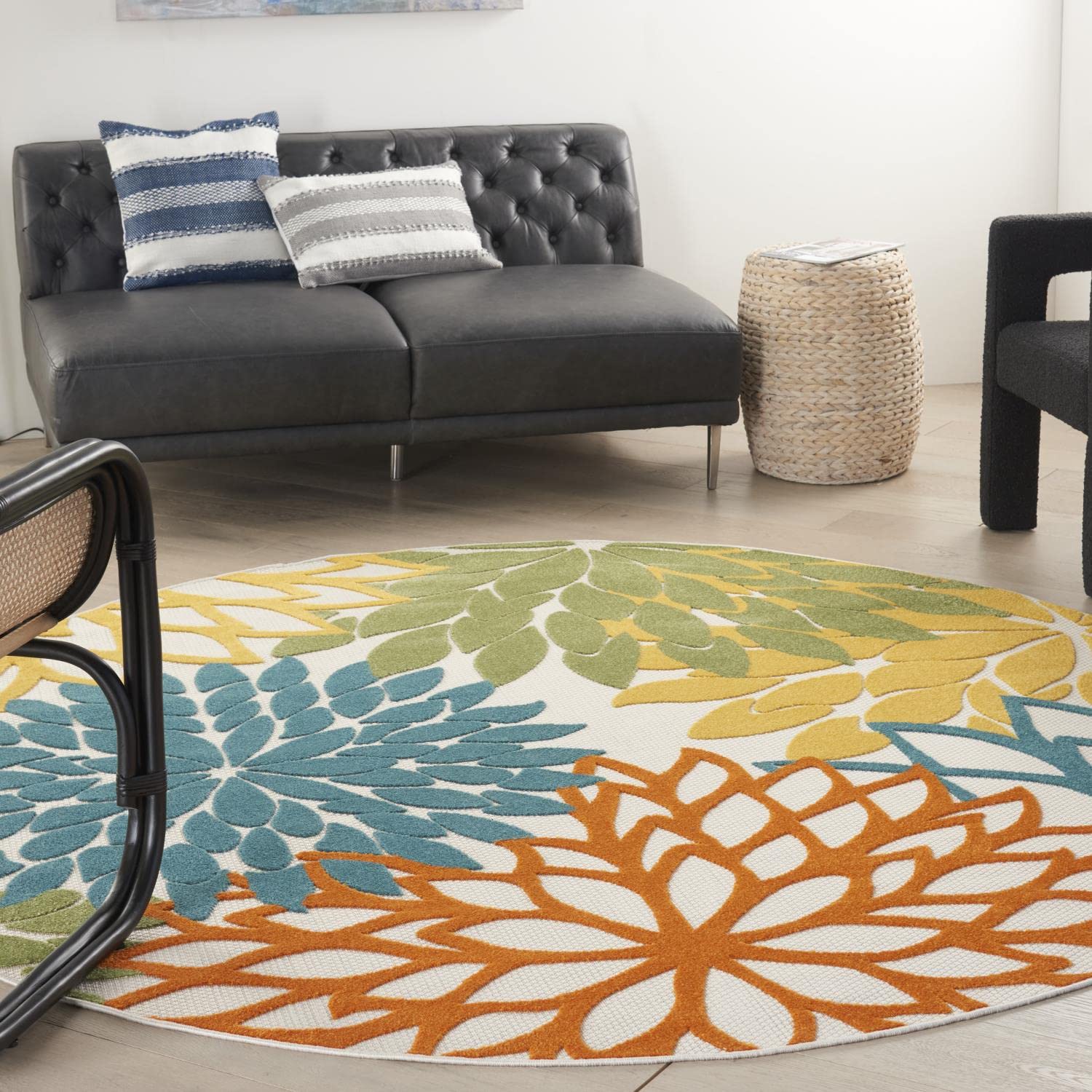 Nourison Aloha Indoor/Outdoor Floral Turquoise Multicolor 7'10' X Round Area Rug, (8' Round)
