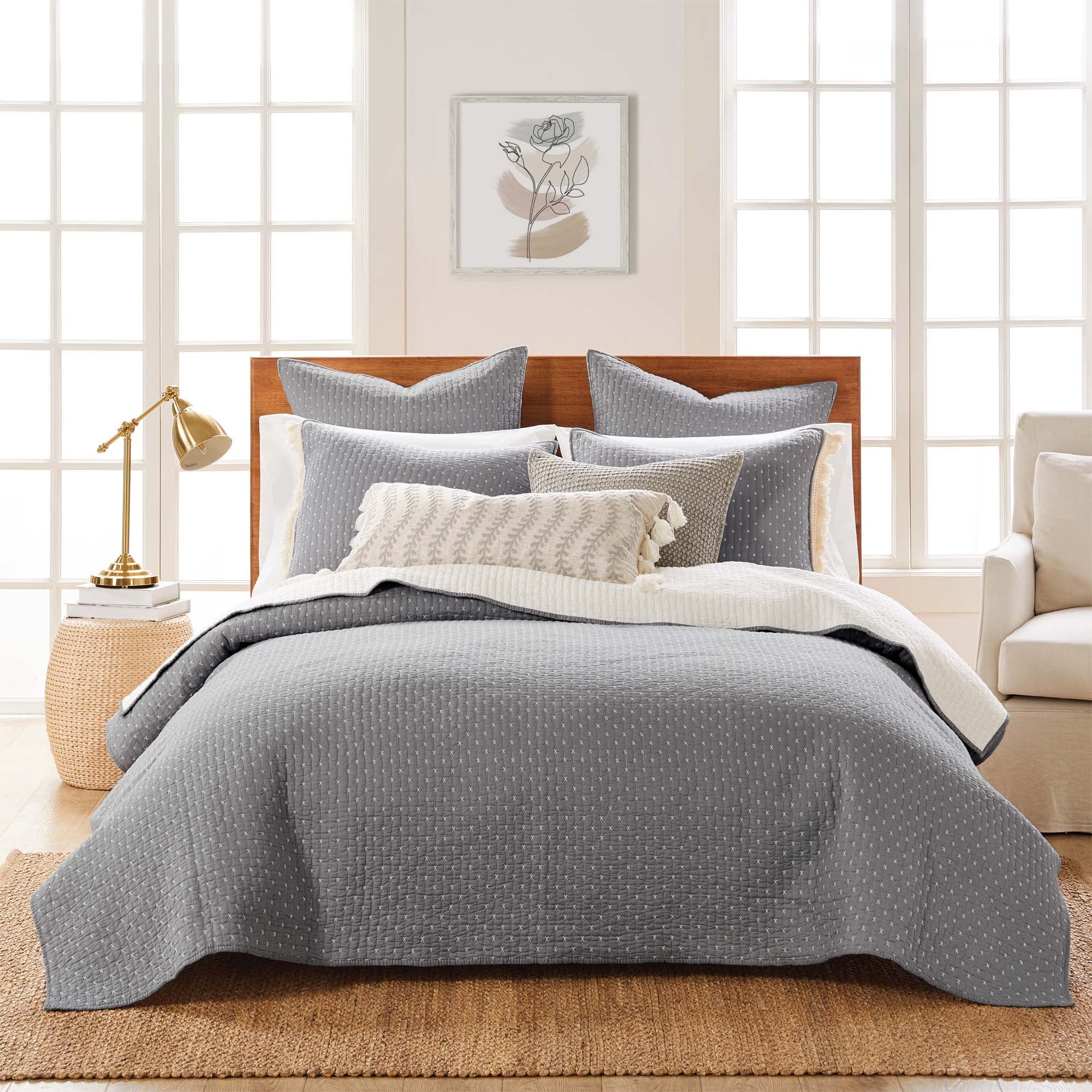 Levtex Home - Cross Stitch Grey With White Contrast Quilt Set - 100% Cotton - Full/Queen Quilt (88X92In.) + 2 Standard Shams (26