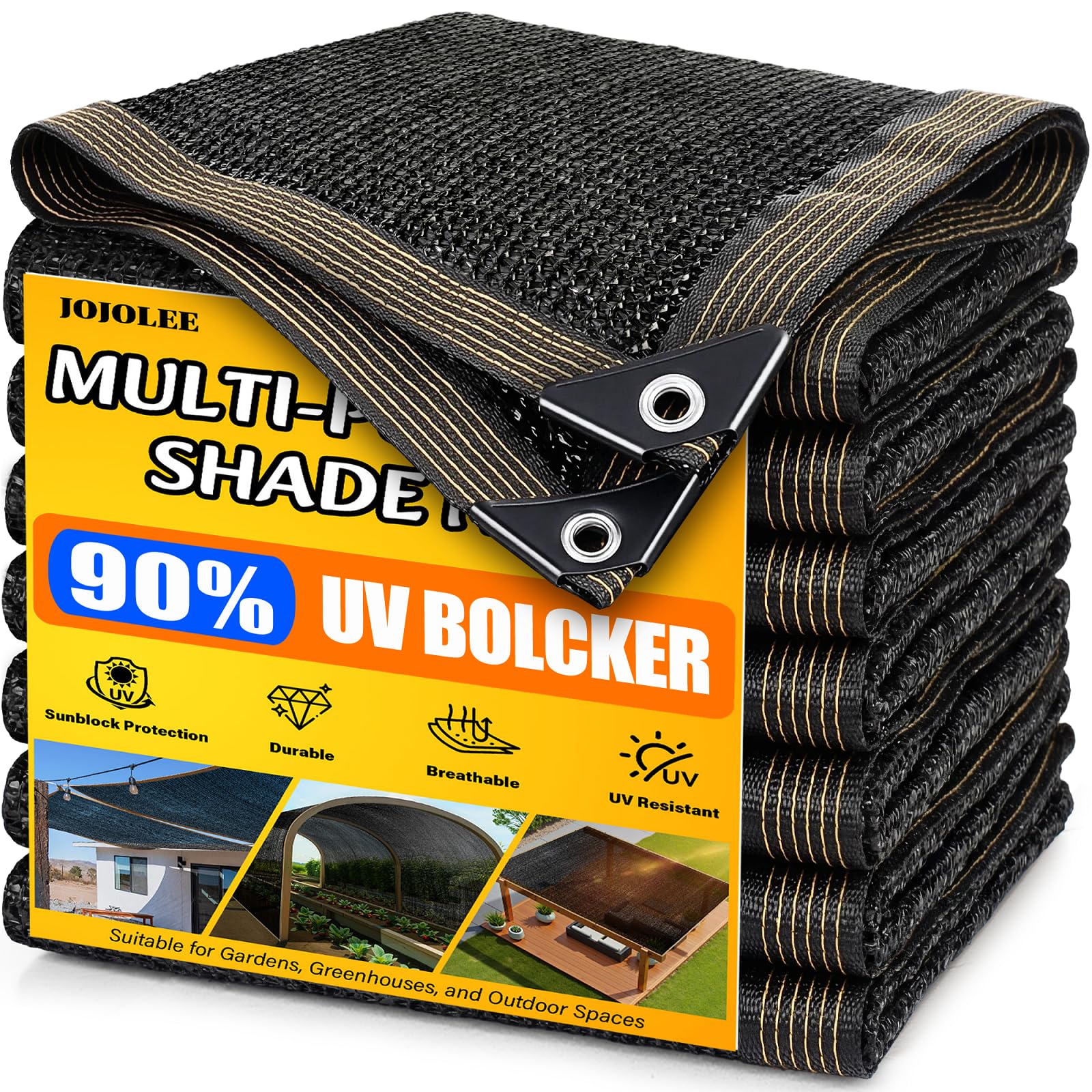 JOJOLEE 90% Sun Shade Cloth, 8x10FT Shade Net Mesh Tarp with Grommets, Black Sunblock Cover for Outdoor Patio Plants, Pergola, G