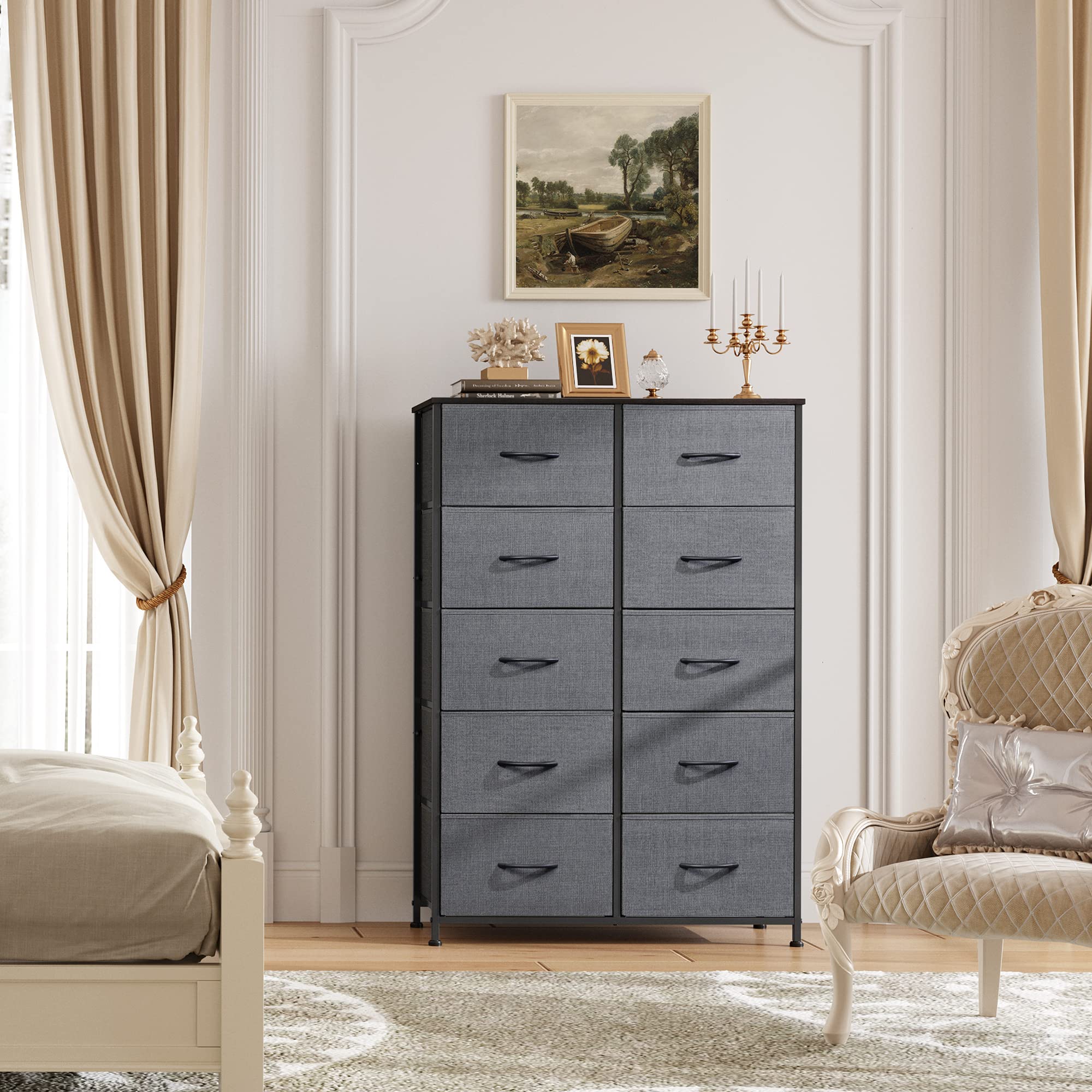 Wlive 10-Drawer Dresser, Fabric Storage Tower For Bedroom, Hallway, Nursery, Closets, Tall Chest Organizer Unit With Textured Print Fabric Bins, Steel Frame, Wood Top, Easy Pull Handle, Dark Grey