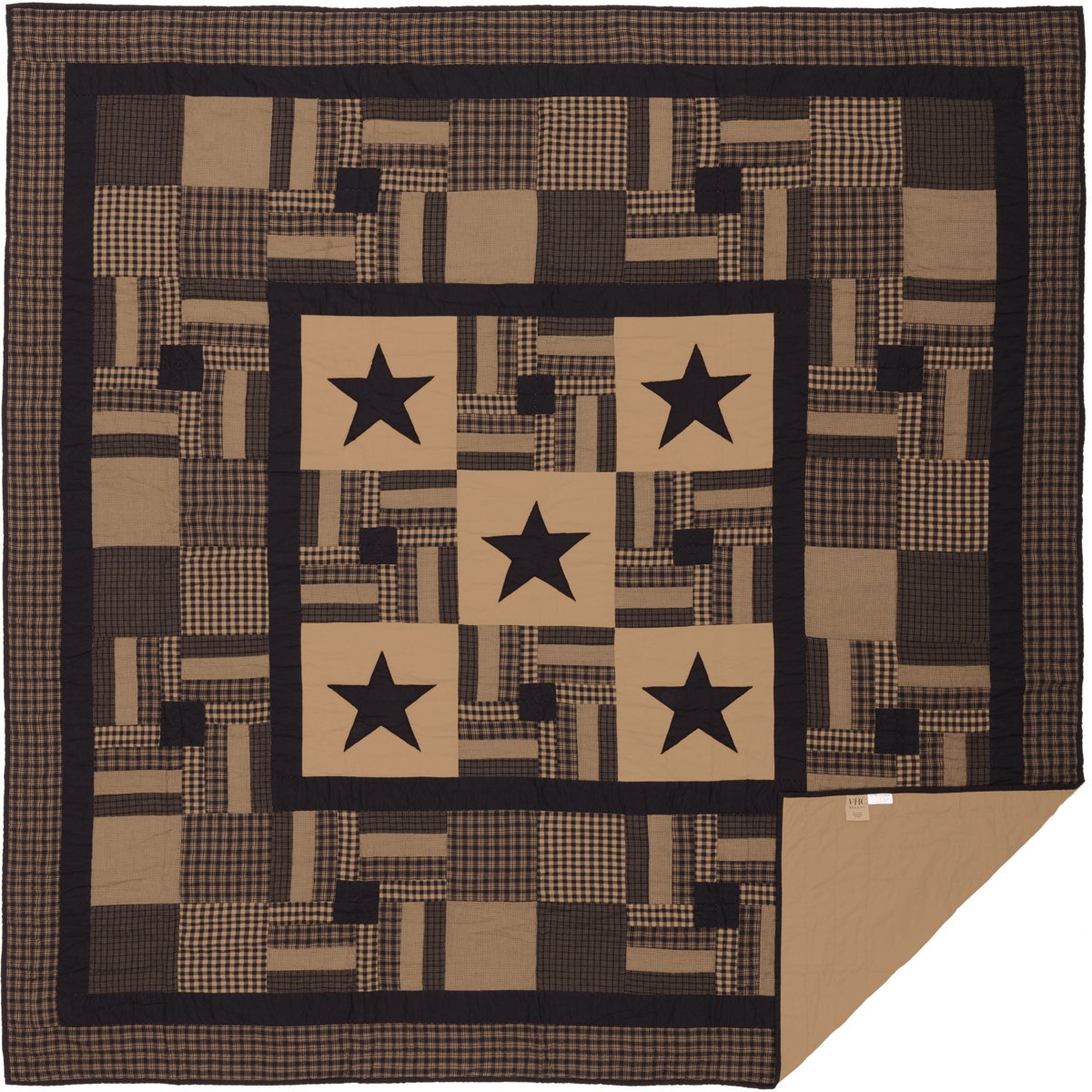 Vhc Brands, Black Check Star, Cotton, 90Wx90L, Queen Quilt, Black