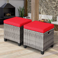 Oralner Set Of 2 Outdoor Ottoman, 16” Wicker Foot Stools, All-Weather Rattan Cube Footstool W/Removable Cushions, Square Footrest Extra Seating For Patio, Porch, Deck, Easy Assembly (Red)