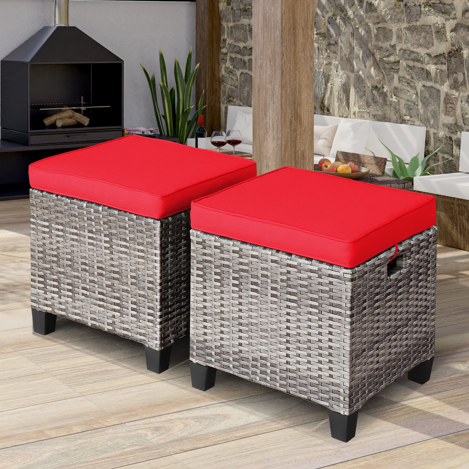 Oralner Set Of 2 Outdoor Ottoman, 16” Wicker Foot Stools, All-Weather Rattan Cube Footstool W/Removable Cushions, Square Footrest Extra Seating For Patio, Porch, Deck, Easy Assembly (Red)