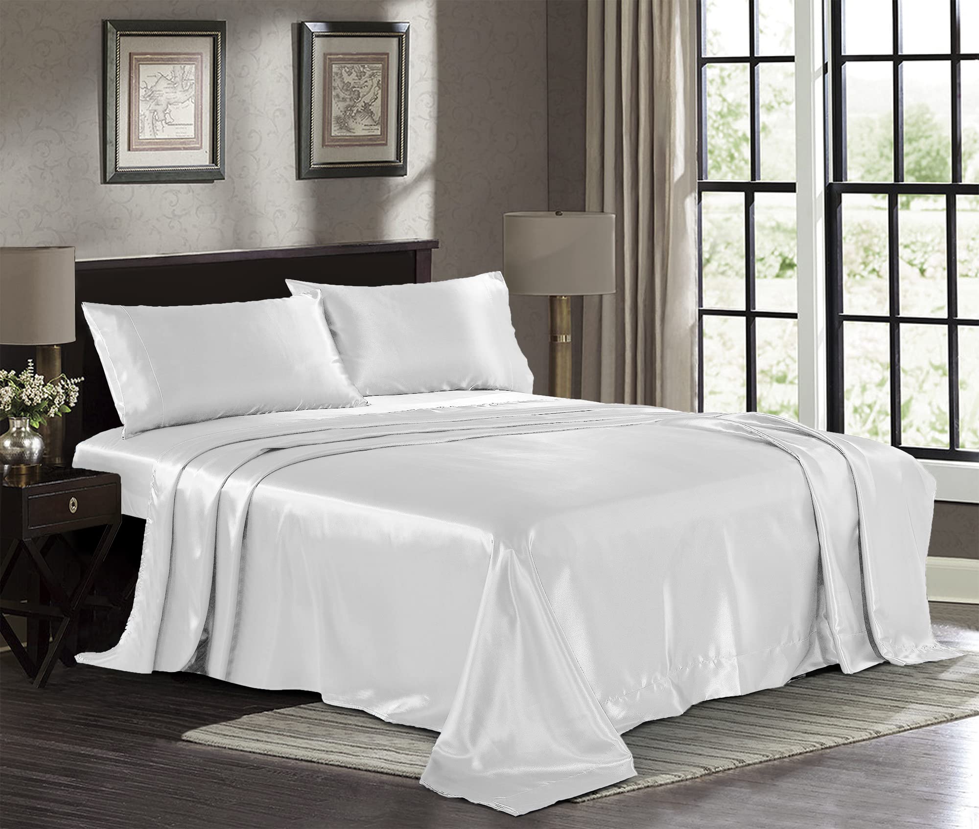 Satin Sheets Full [4-Piece, White] Hotel Luxury Silky Bed Sheets - Extra Soft 1800 Microfiber Sheet Set, Wrinkle, Fade, Stain Re