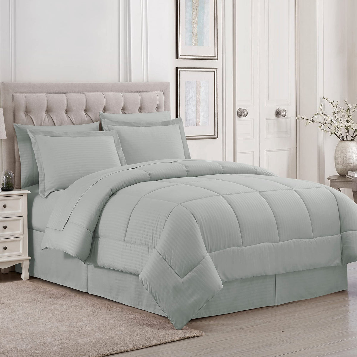 Queen Comforter Set 8 Piece Bed In A Bag With Bed Skirt, Fitted Sheet, Flat Sheet, 2 Pillowcases, 2 Pillow Shams, Queen, Dobby S