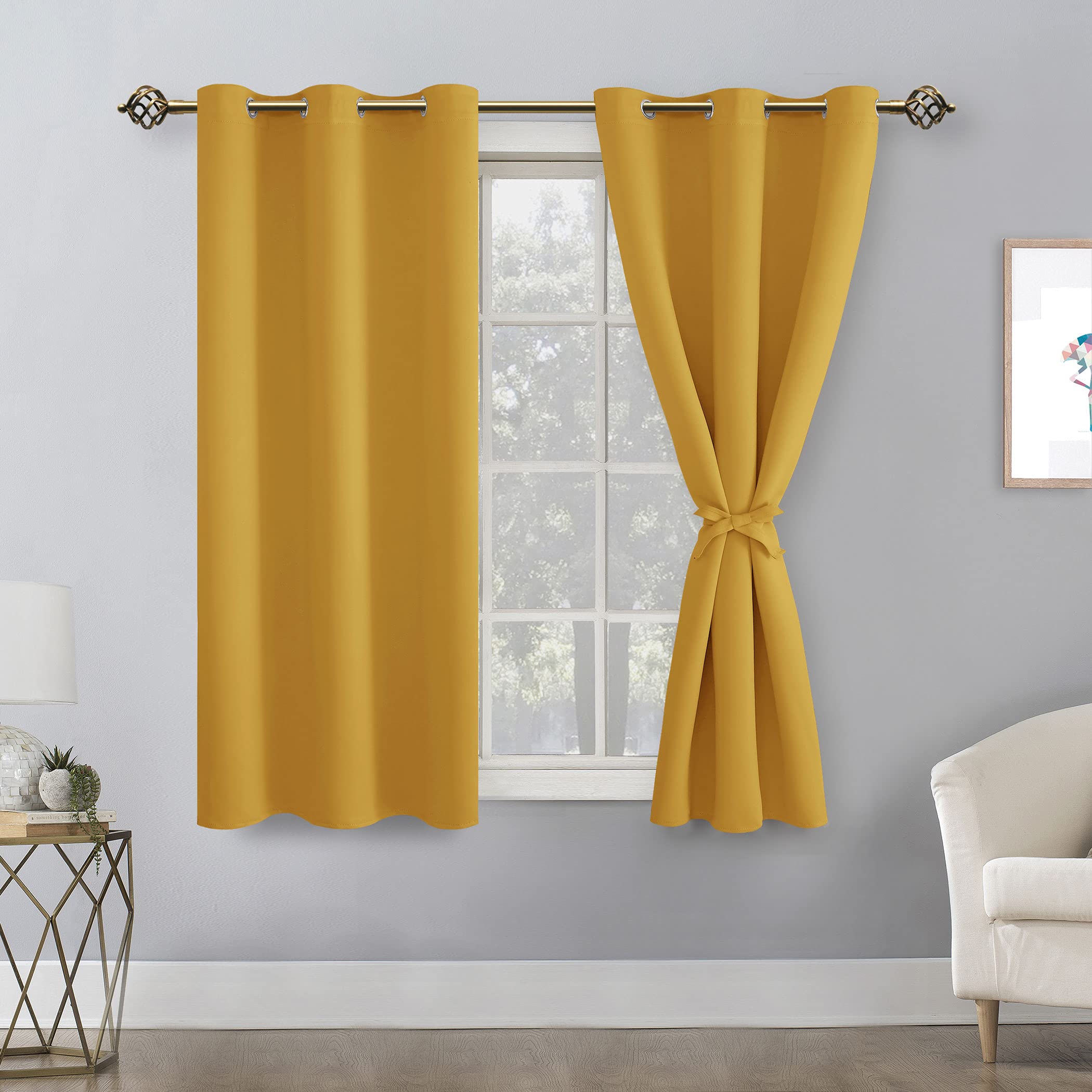 Hiasan Short Blackout Curtains For Bedroom - Thermal Insulated & Light Blocking Window Curtains For Living Room, 2 Drape Panels Sewn With Tiebacks, Mustard Yellow, 42 X 45 Inch