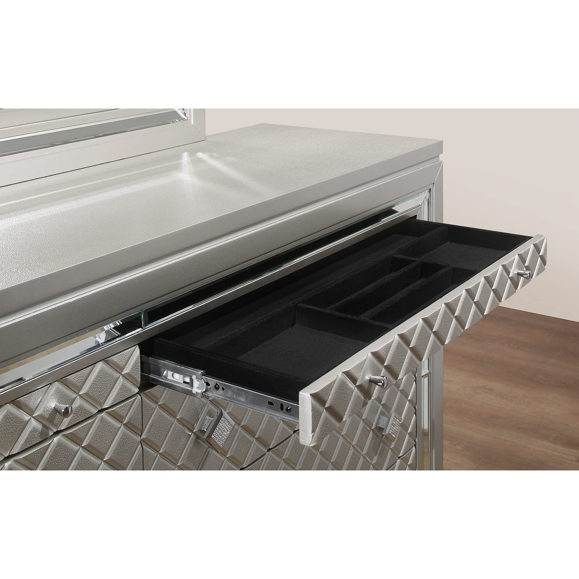 HomeRoots Wood Champagne Toned Dresser with Tapered Acrylic Legs and 2 Jewelry Drawers