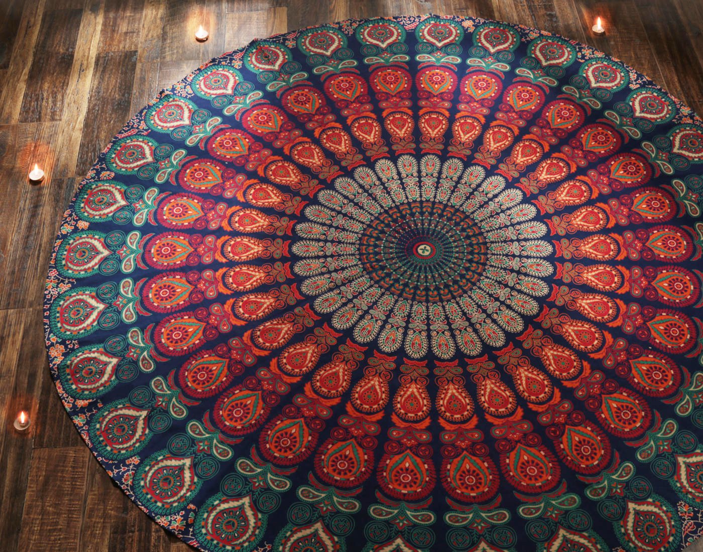 RAJRANG Boho Mandala Roundie - Gypsy Hippie Tapestry Decorative Cotton Tablecloth Meditation Yoga Mat - Golden Blue - 72 Inches