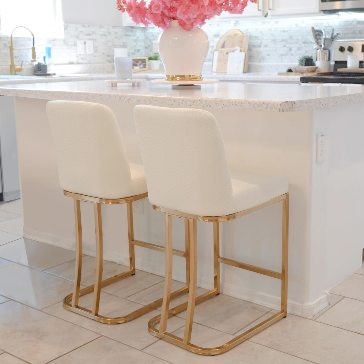 Maison Arts Bar Stools Set Of 2, 24 Inch Counter Height Barstools With Back, Modern Upholstered Faux Leather Bar Chairs For Kitchen Island Home Bar, Gold Metal Frame, Footrest, Off White