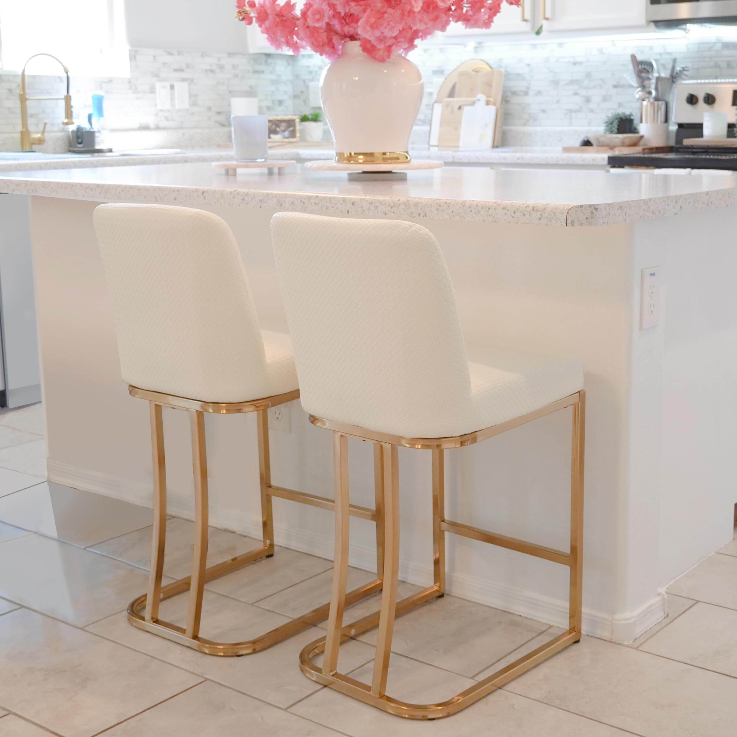Maison Arts Bar Stools Set Of 2, 24 Inch Counter Height Barstools With Back, Modern Upholstered Faux Leather Bar Chairs For Kitchen Island Home Bar, Gold Metal Frame, Footrest, Off White