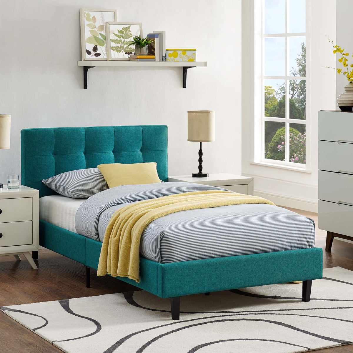 Modway Linnea Upholstered Teal Twin Platform Bed With Wood Slat Support