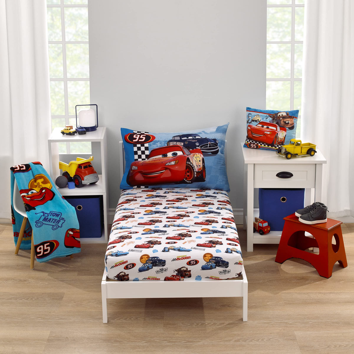 Disney Cars Radiator Springs White, Blue, And Red Lightning Mcqueen And Tow-Mater 2 Piece Toddler Sheet Set - Fitted Bottom Shee