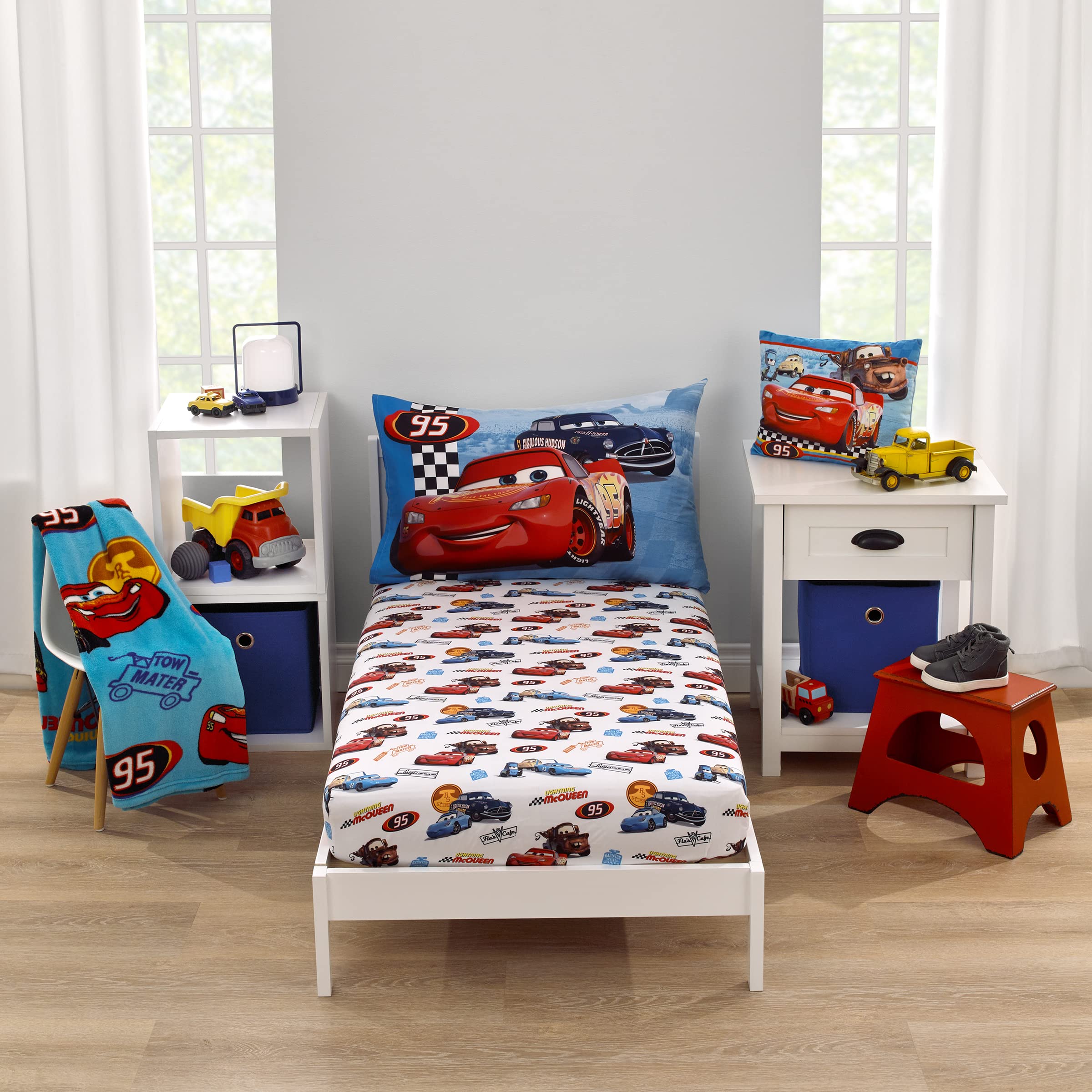 Disney Cars Radiator Springs White, Blue, And Red Lightning Mcqueen And Tow-Mater 2 Piece Toddler Sheet Set - Fitted Bottom Shee