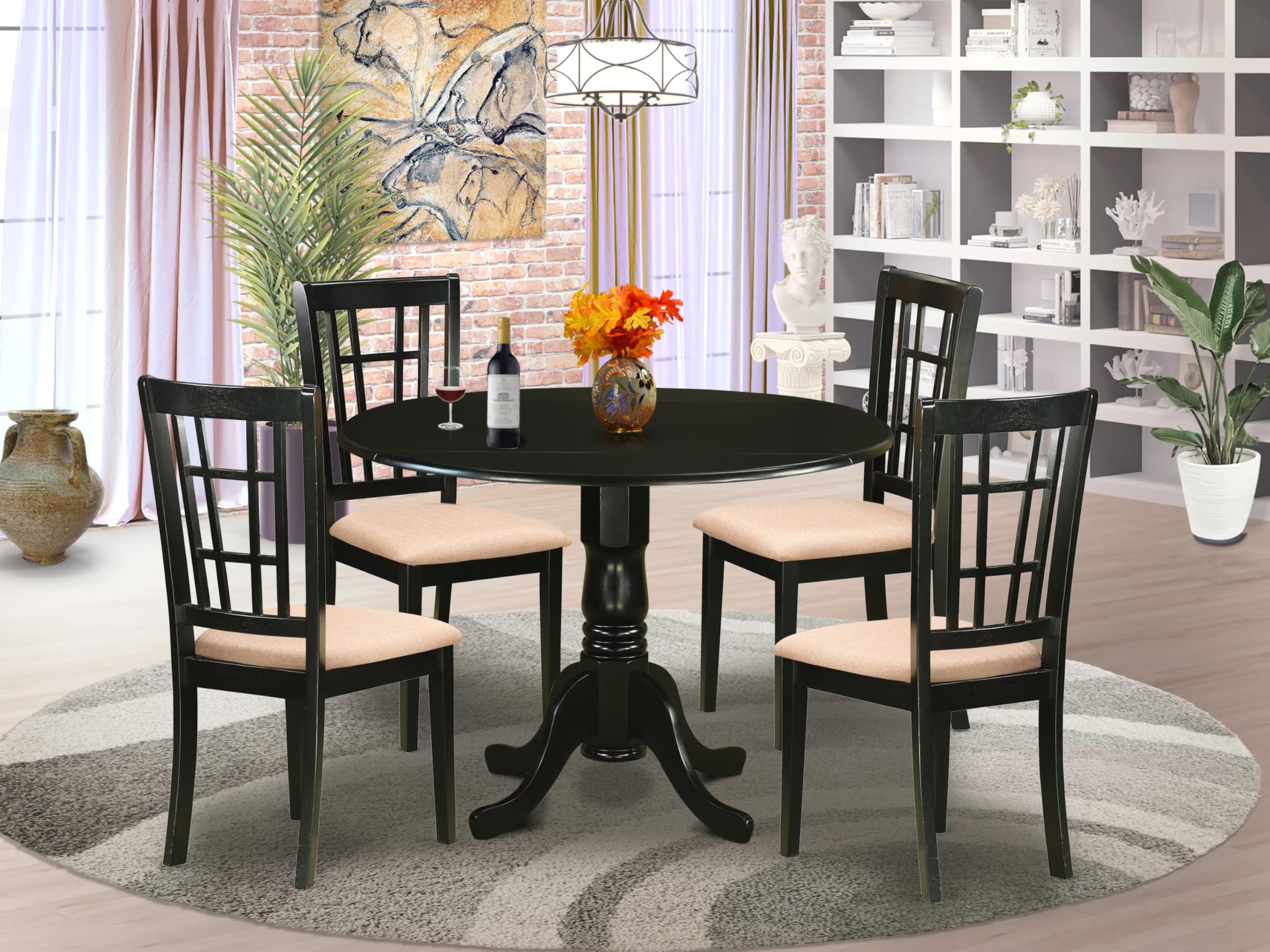 East West Furniture DLNI5-BLK-C 5 Piece Modern Dining Table Set Includes a Round Wooden Table with Dropleaf and 4 Linen Fabric Kitchen Dining Chairs, 42x42 Inch, Black