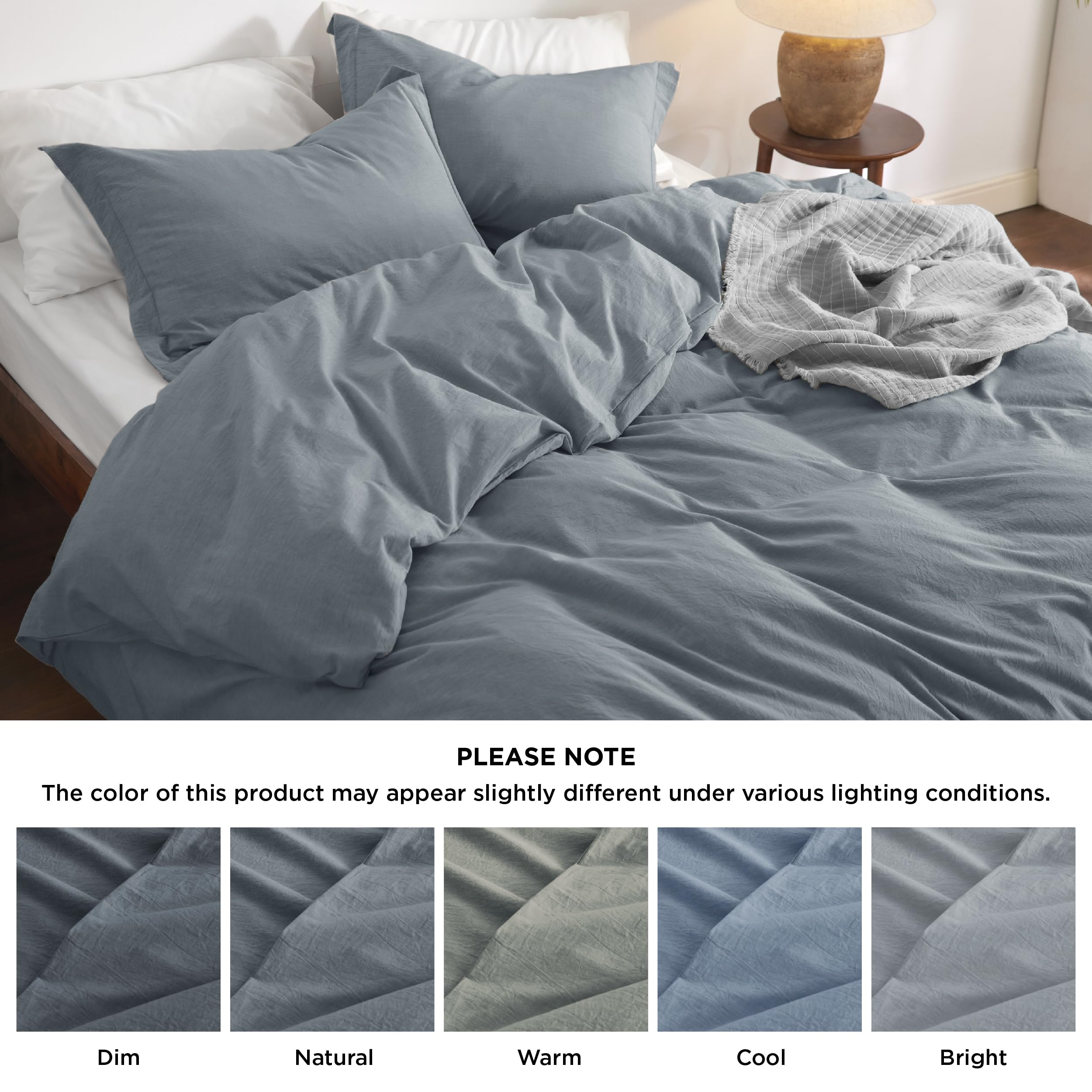 Bedsure 100% Washed Cotton Duvet Cover Queen - Grey Blue Minimalist Cotton Duvet Cover Set Linen Like - 3 Pieces Plain Simple Cotton Duvet Cover Set With 2 Pillow Shams (Grayish Blue, Queen, 90'X90')