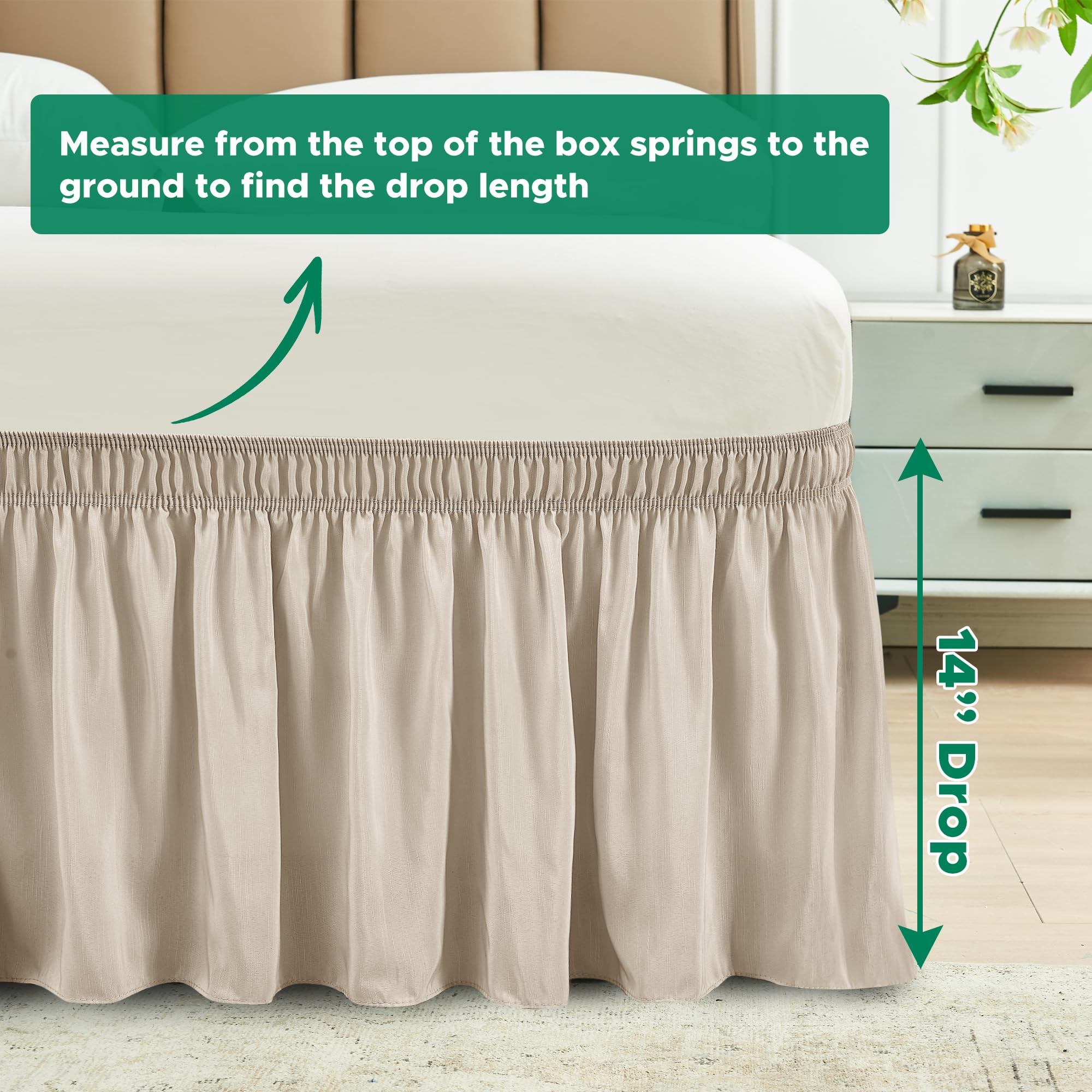 Biscaynebay Wrap Around Bed Skirts - Queen 14" Drop, Light Camel, Polyester, Adjustable Dust Ruffles, Machine Washable, Model FLORABS2428