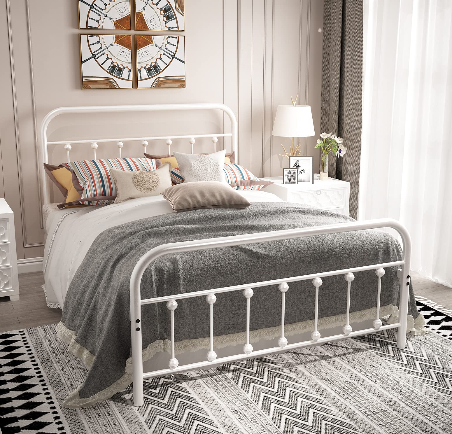 Nachtimoor Full Platform Metal Bed Frame With Headboard And Footboard,Vintage Victorian Style Mattress Foundation, No Box Spring Required, Under Bed Storage (Full, White)