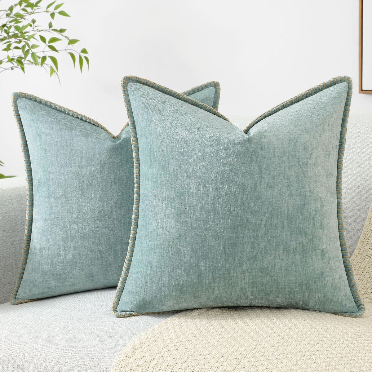 Decoruhome Chenille Soft Throw Pillow Covers 18X18 Set Of 2, Farmhouse Velvet Decorative Pillow Covers With Stitched Edge For Co