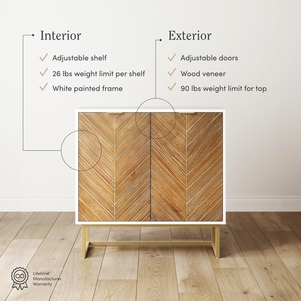 Nathan James Enloe Modern Storage Free Standing Accent Cabinet White With Doors In A Rustic Pine Wood Finish And Gold Powder-Coated Metal Base For Hallway, Entryway Or Living Room, Brown/White/Gold
