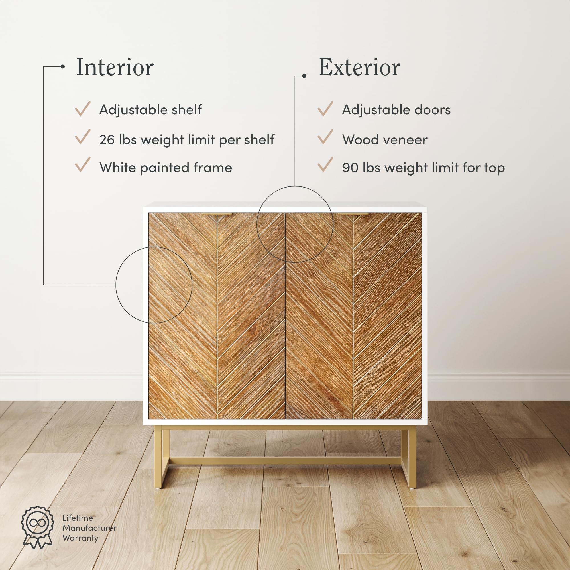 Nathan James Enloe Modern Storage Free Standing Accent Cabinet White With Doors In A Rustic Pine Wood Finish And Gold Powder-Coated Metal Base For Hallway, Entryway Or Living Room, Brown/White/Gold