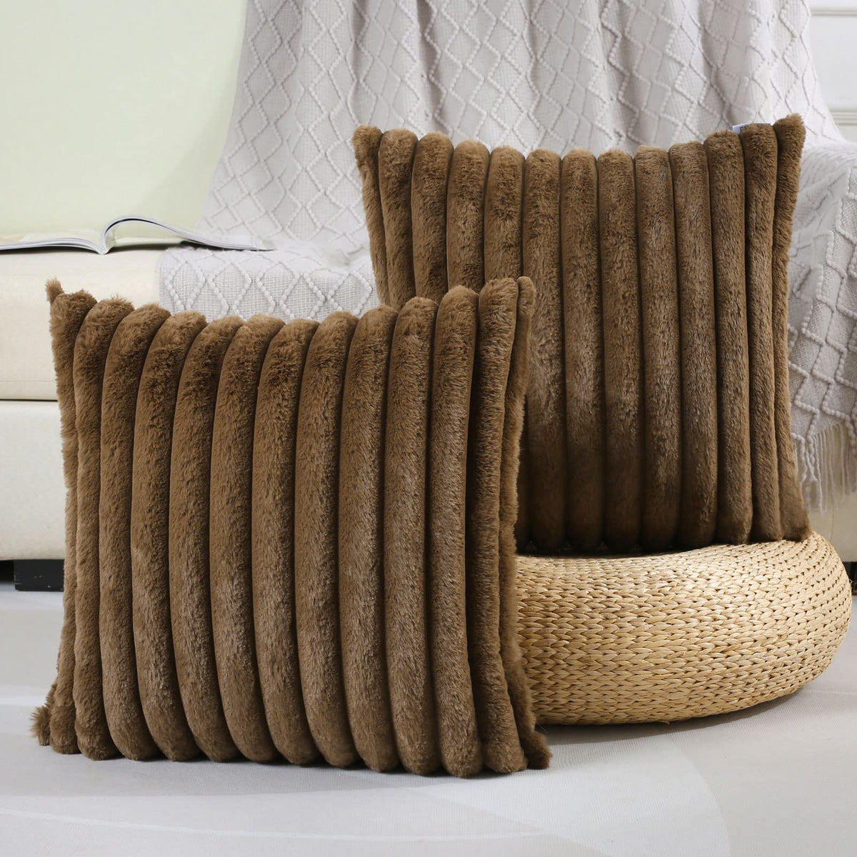 Futei Tan Throw Pillow Covers 18X18 Inch Set Of 2,Square Cushion Case,Spring/Winter Home Pillows Decorative,Soft Cozy Faux Rabbi