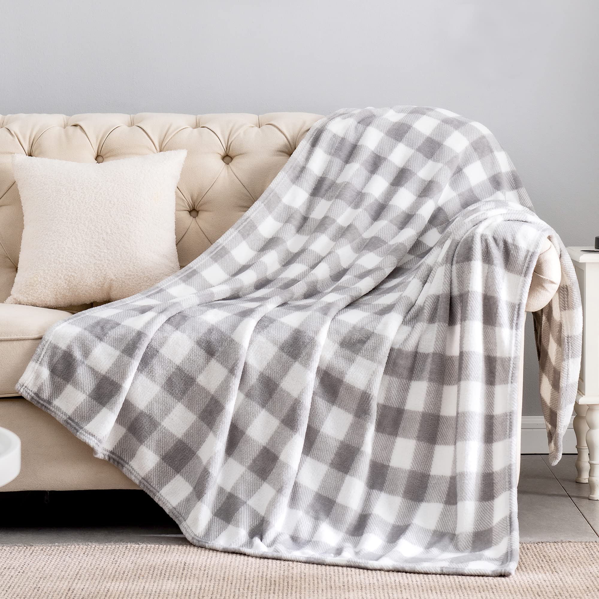 Bedelite Fleece Throw Blanket Twin Size For Couch Sofa Bed, Luxury Christmas Buffalo Plaid Decor Grey And White Checkered Blanke