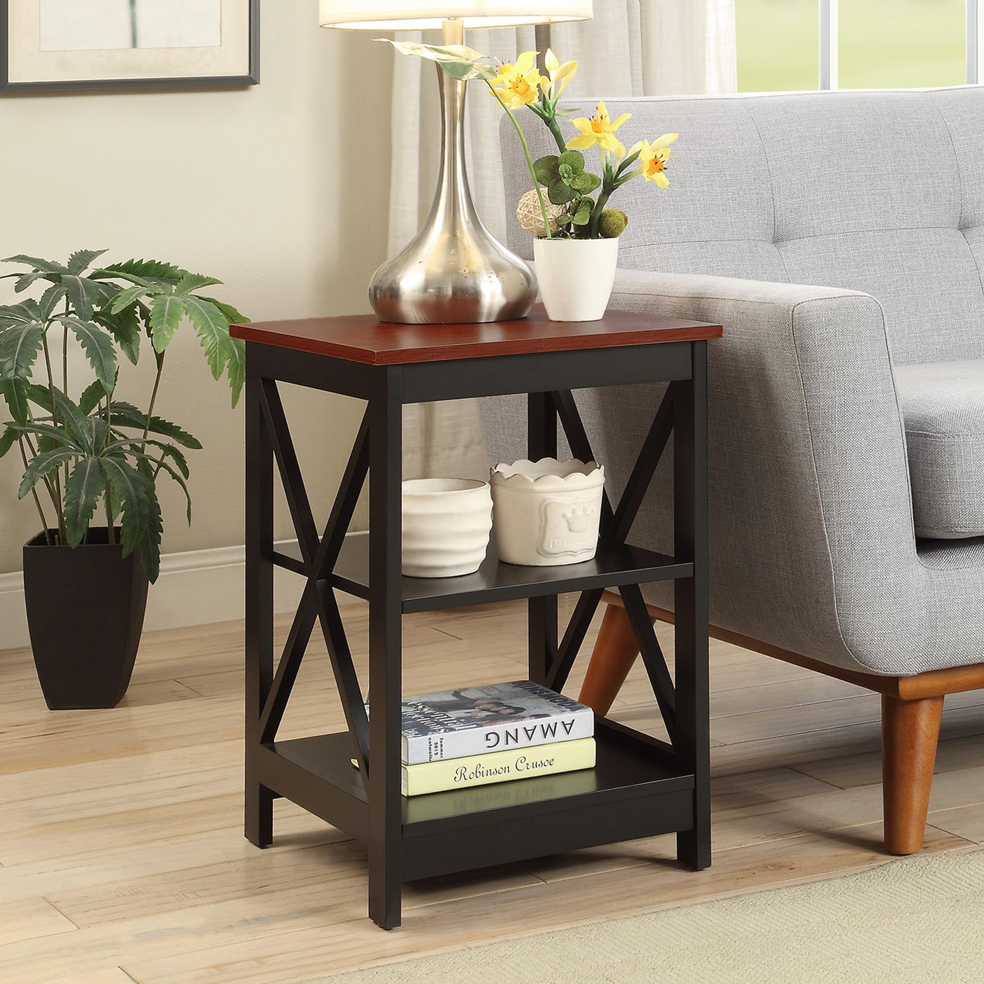 Convenience Concepts Oxford End Table 15.75&quot; - Modern Living Room Table with Storage Shelves, Transitional Nightstand Side Table for Home Decor and Display, Cherry/Black