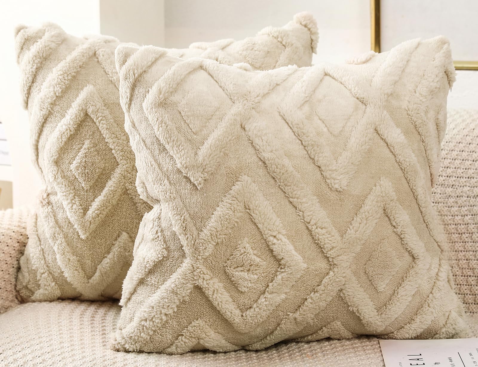 Drnou Set Of 2 Faux Fur Beige Throw Pillow Covers 20X20,Soft Checkborad Pattern Decorative Boho Pillow Cover Case Cushion Cover