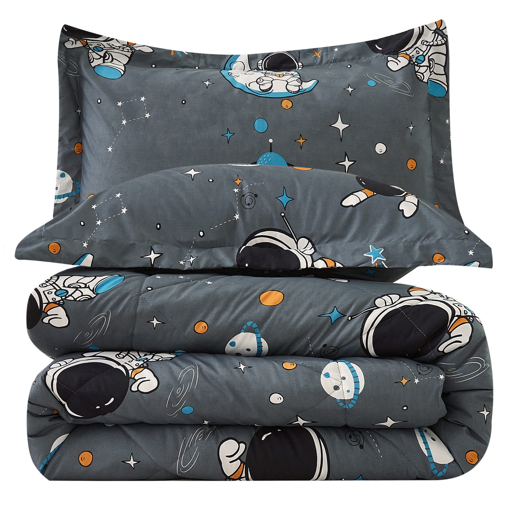 Jsd Grey Astronaut Kids Comforter Set Queen Size, 3 Piece Space Theme Microfiber Comforter With Pillow Sham, Machine Washable