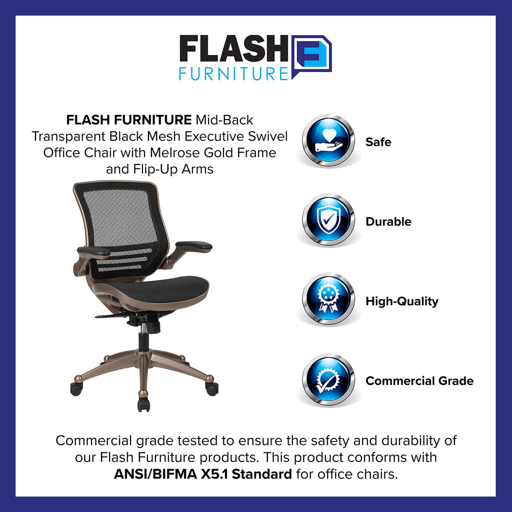 Flash Furniture Warfield Mid-Back Transparent Black Mesh Executive Swivel Office Chair With Melrose Gold Frame And Flip-Up Arms