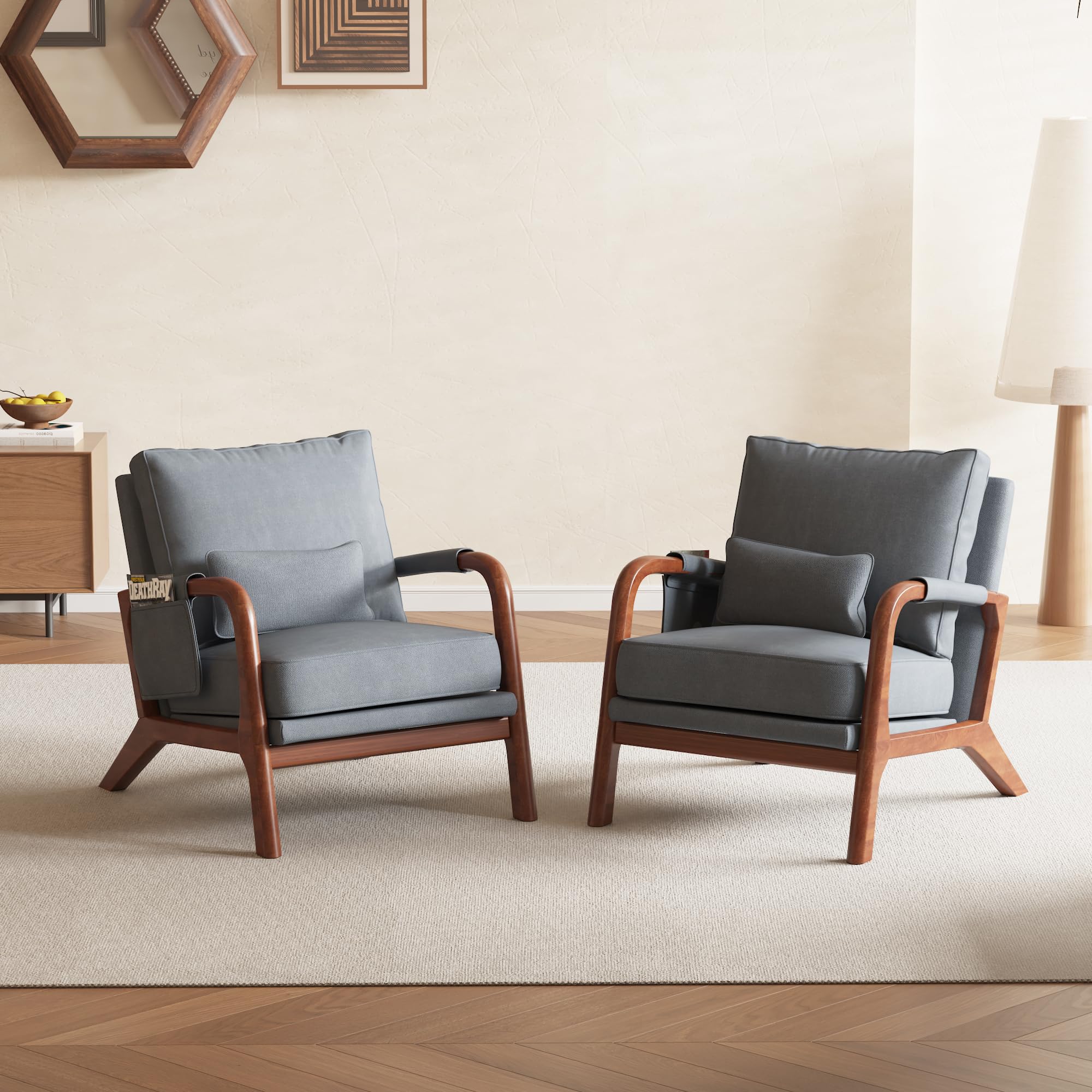 AILIUHUA Mid Century Modern Chair Set of 2, Upholstered Lounge Arm Chair with Solid Wood Frame, Comfy Accent Chair for Living Ro