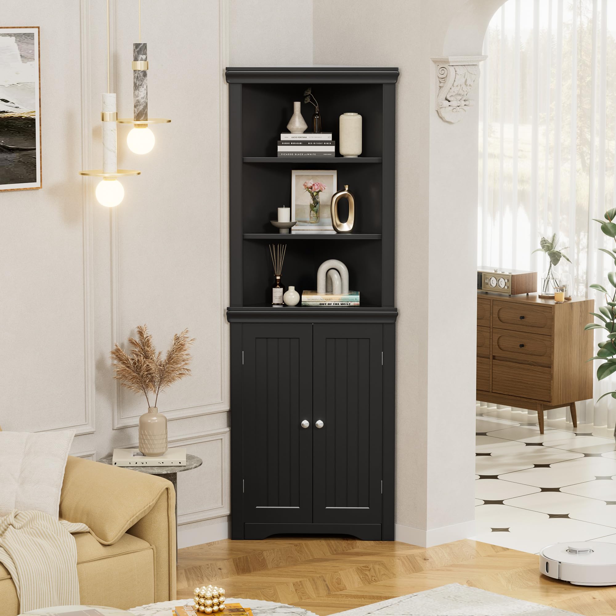 Flamaker Corner Cabinet, Freestanding Corner Shelf with 2 Doors and 3 Shelves, Bathroom Corner Storage Cabinet for Bathroom, Liv