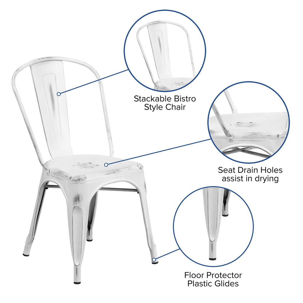 Flash Furniture Commercial Grade Distressed White Metal Indoor-Outdoor Stackable Chair