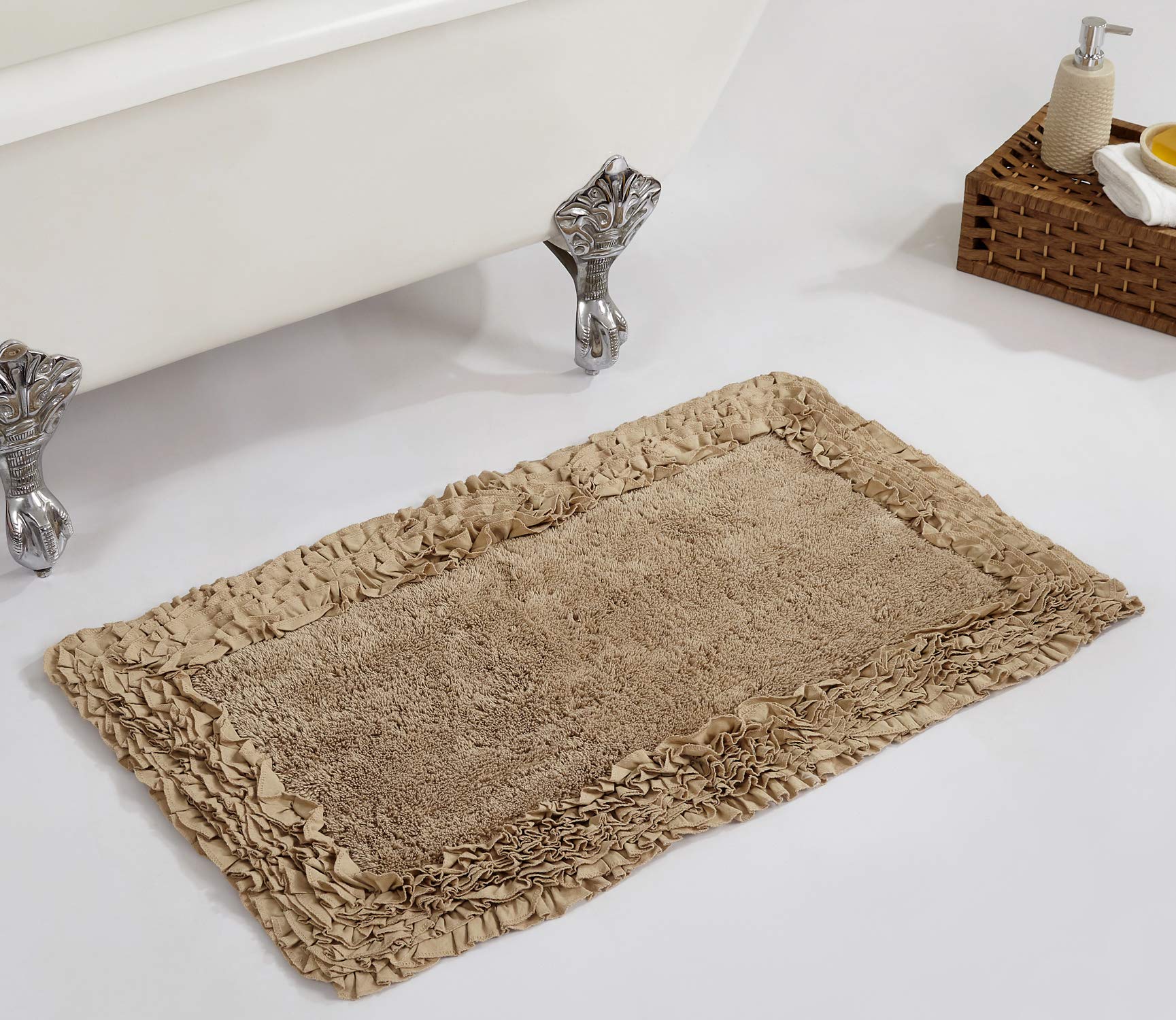 Better Trends 100% Cotton Bath Rug In Shaggy Border Collection - Ultra Soft, Plush, Absorbent, Tufted Bath Rug For Bathtubs, Rain Showers And Under The Sink, 21' X 34', Beige