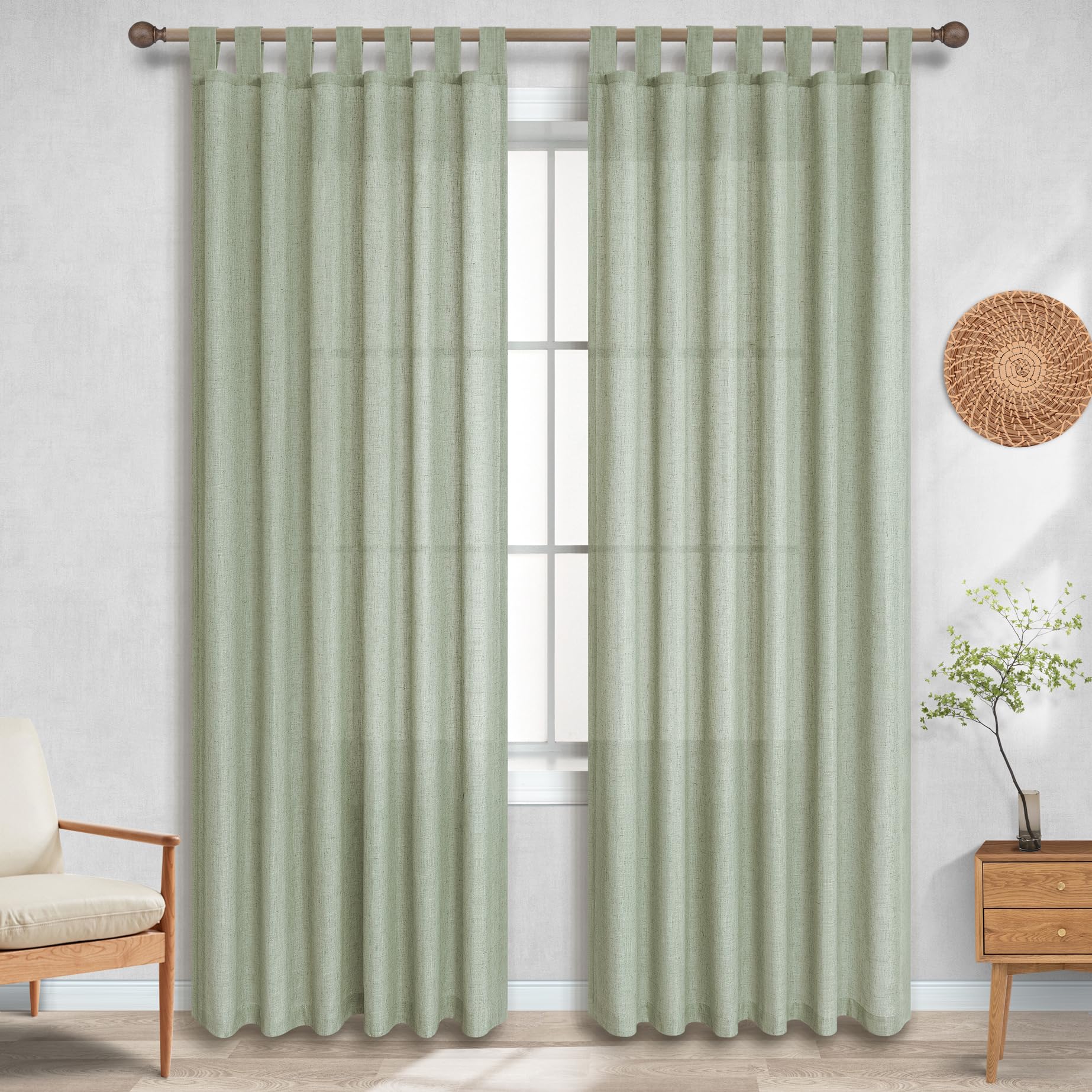 Koufall Sage Green Sheer Curtains 84 Inches Long Linen Boho Canopy Bed Curtains 84 Inch Length 2 Panels Set For Bedroom,Light Green