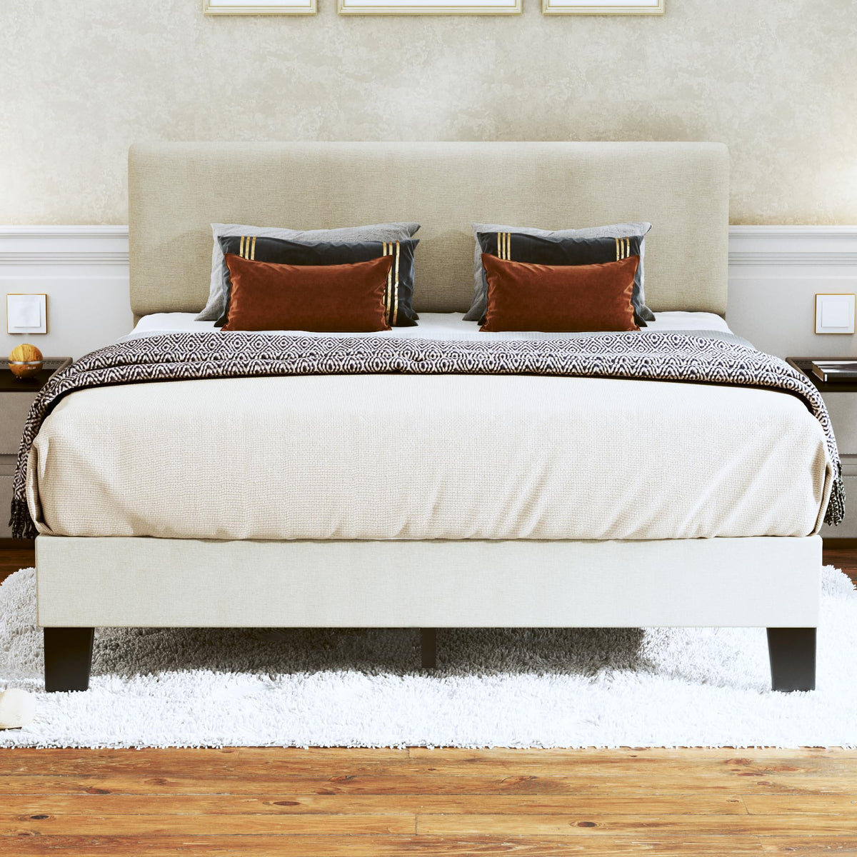Fluest Queen Bed Frame With Adjustable Headboard Upholstered Bed Frame Platform Linen Fabric Headboard Wooden Slats Support/No Box Spring Needed/Easy Assembly/Mattress Foundation, Beige