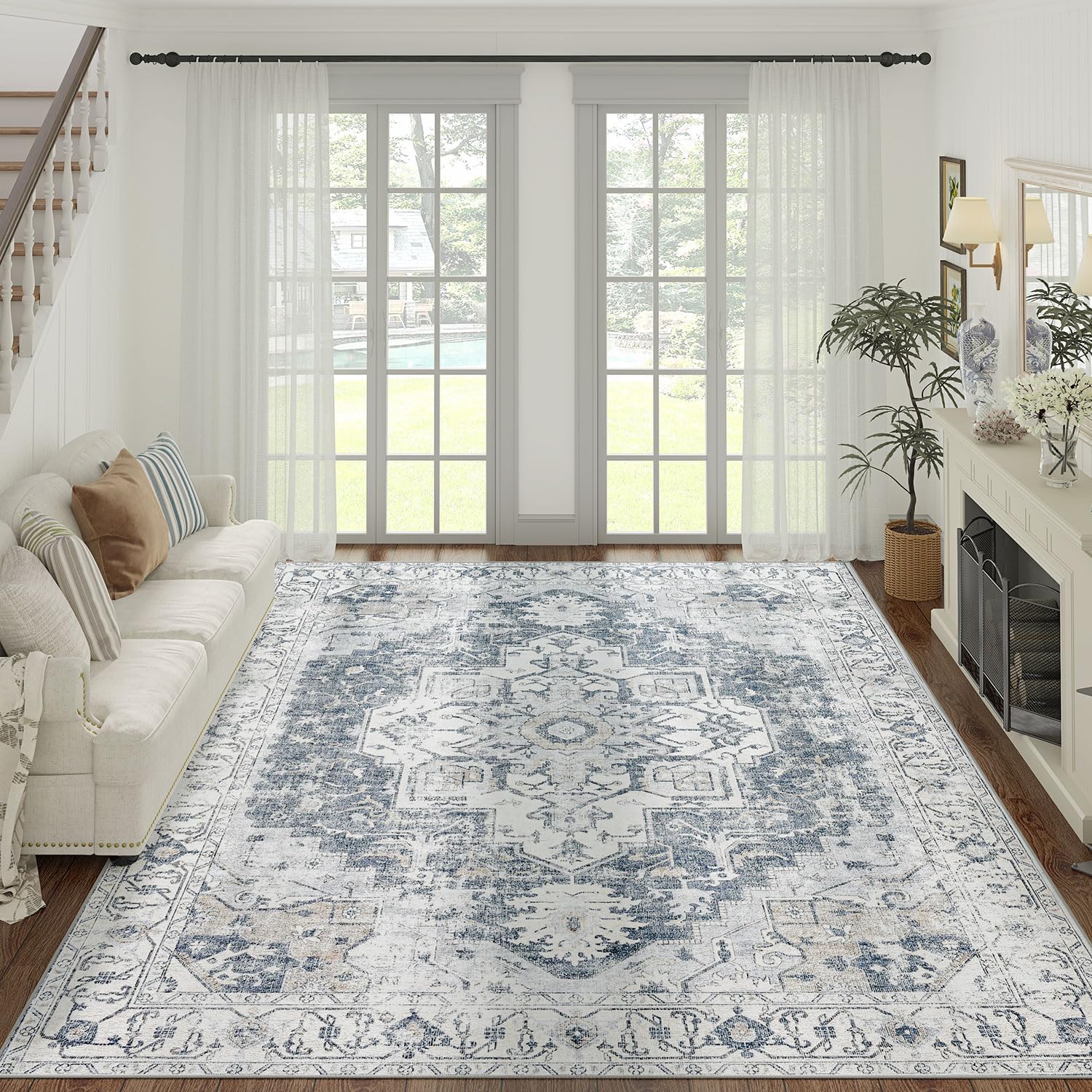 jinchan Area Rug 8x10 Washable Rug Vintage Rug Indoor Floor Cover Grey Multi Print Distressed Carpet Gray Thin Rug Chenille Mat 
