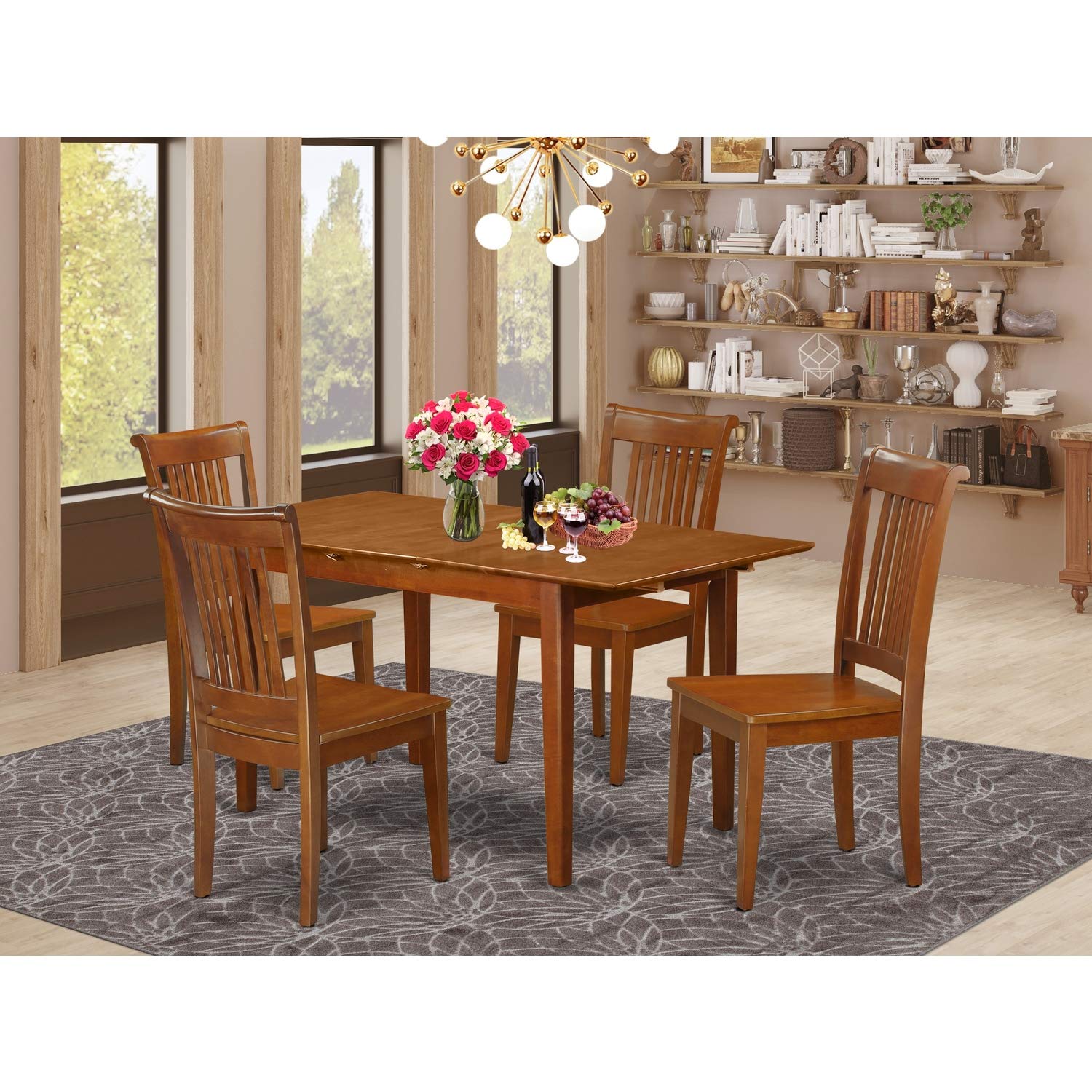 East West Furniture Pspo5-Sbr-W 5 Pc Kitchen Table Set Table With Leaf And 4 Kitchen Chairs